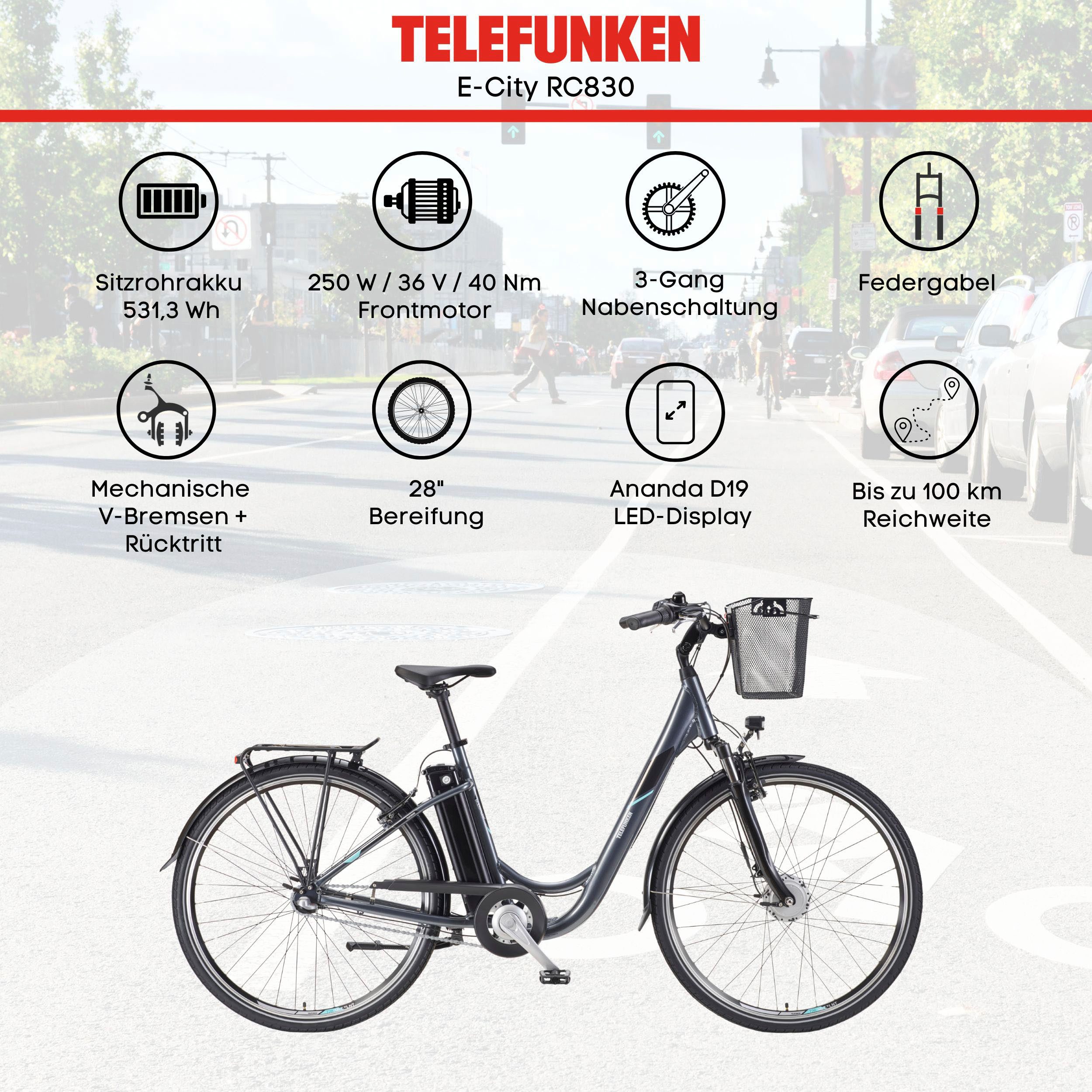 Telefunken E-Bike Cityrad Multitalent RC830, 3 Gang Shimano Nexus Schaltwerk, Frontmotor, 531,3 Wh, Pedelec, Elektrofahrrad für Damen u. Herren