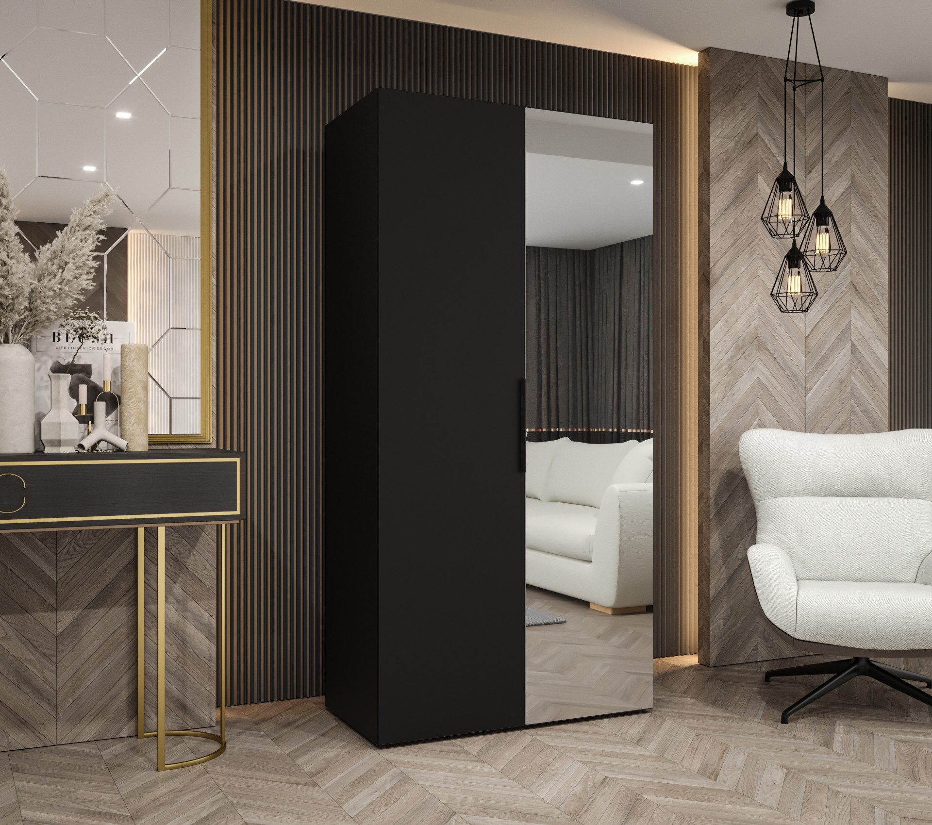 MOEBLO Drehtürenschrank SOLENA 2 (mit Spiegel – Moderner Kleiderschrank mit Soft-Close, Einlegeböden & Kleiderstange, verschiedene Breiten & Farben, Schrank Garderobe Schlafzimmer Drehtürenschrank) (BxHxT): 100/150/200/250/300x202x52 cm