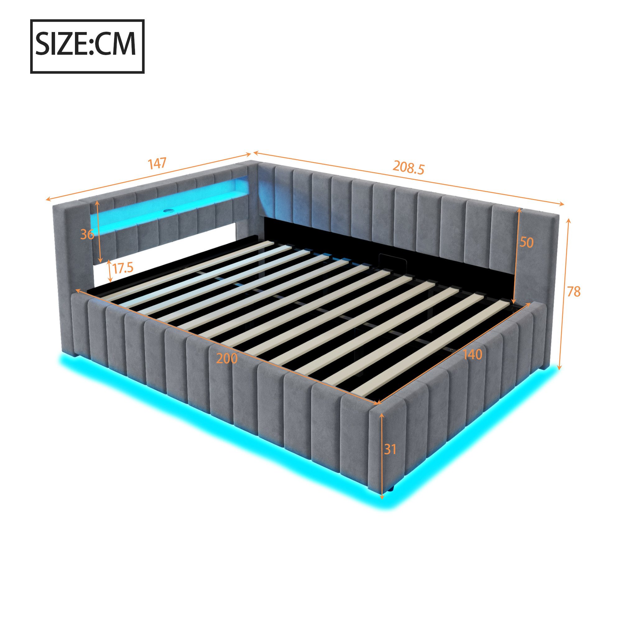 Flieks Daybett, Hydraulisches Polsterbett Schlafsofa 140x200cm mit LED und günstig online kaufen