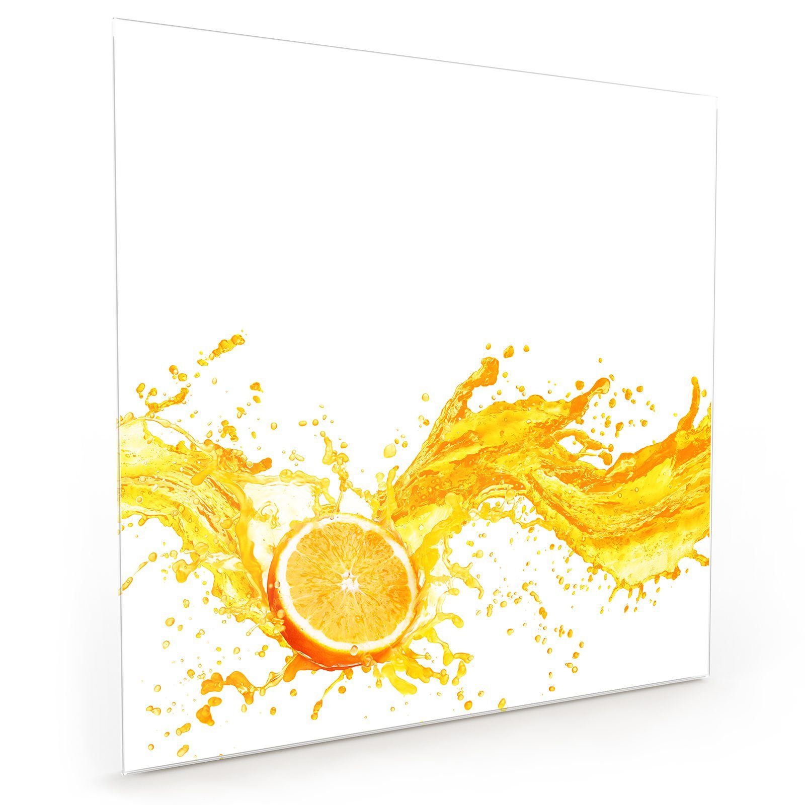 Primedeco Küchenrückwand Küchenrückwand Spritzschutz Glas spritzt Orangensaft mit Motiv
