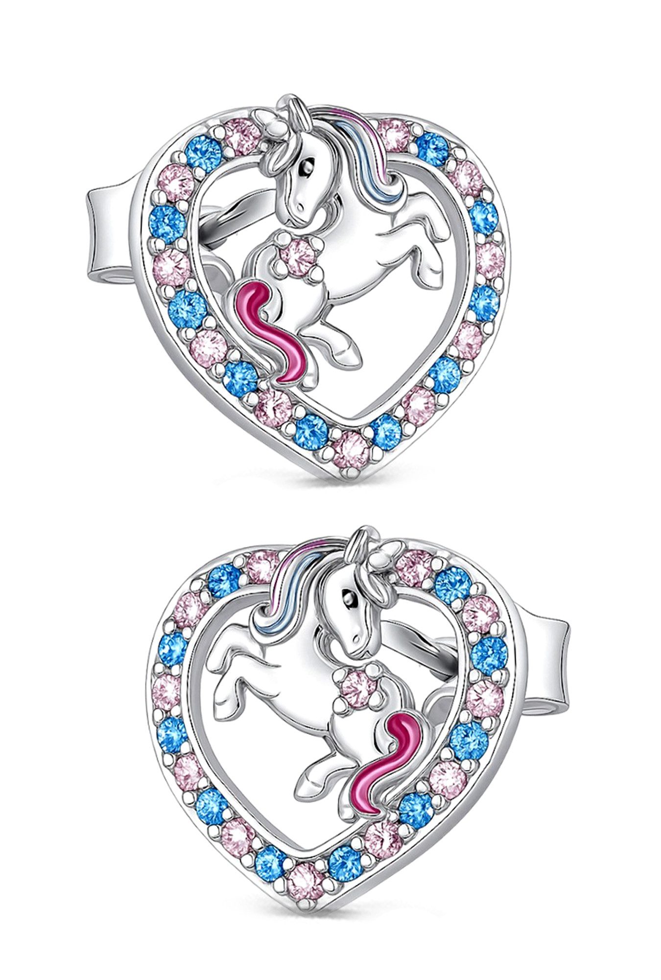 Limana Paar Ohrstecker Ohrringe 925 Silber rosa Einhorn Pferde Herz Mädchen Damen Kinder (inkl. Schmuckbox), Geschenk Einschulung Ostern Weihnachten Geburtstag Schulanfang