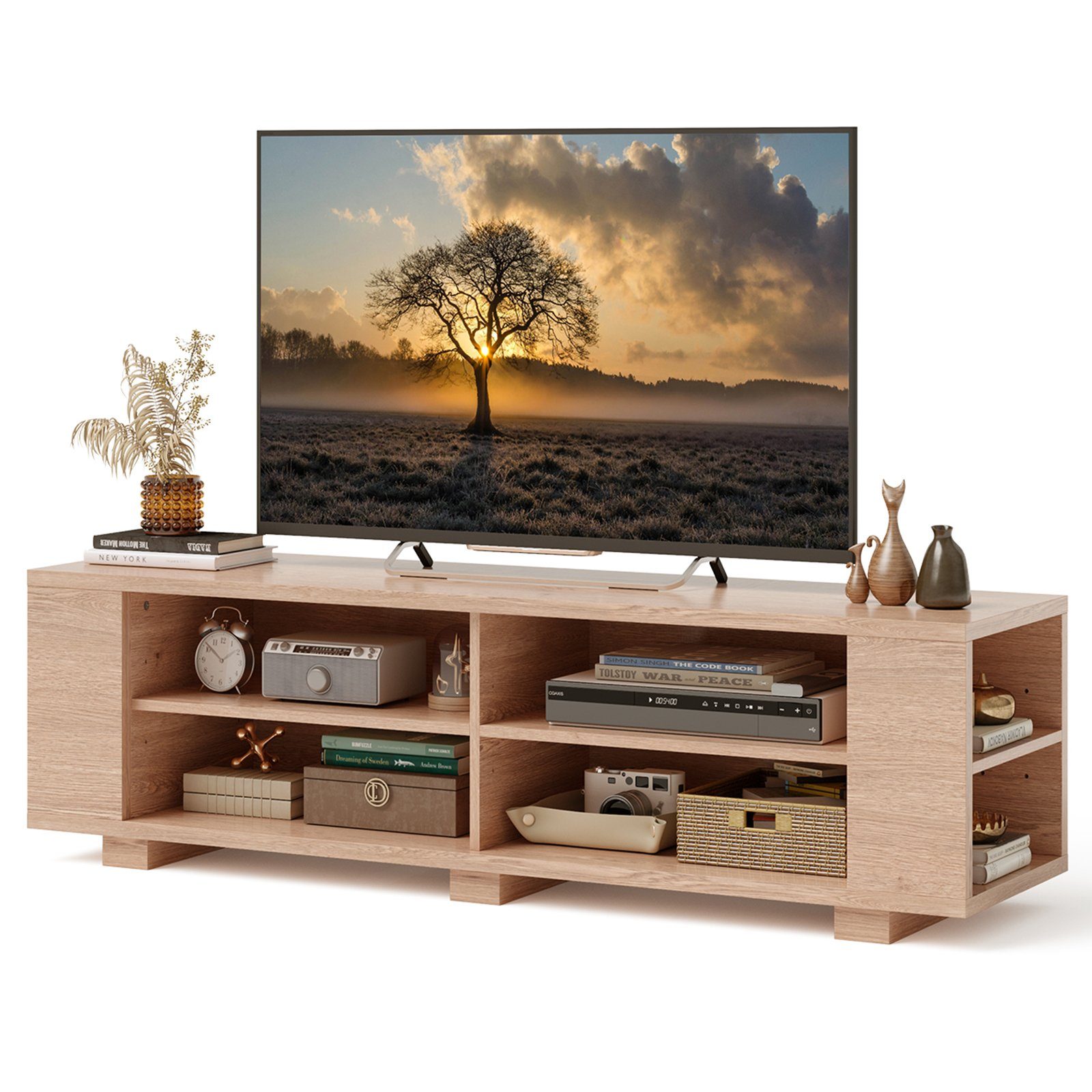 mit offenen TV-Schrank 150cm Natur Holz, Fächern, verstellbaren Regalen, COSTWAY 8