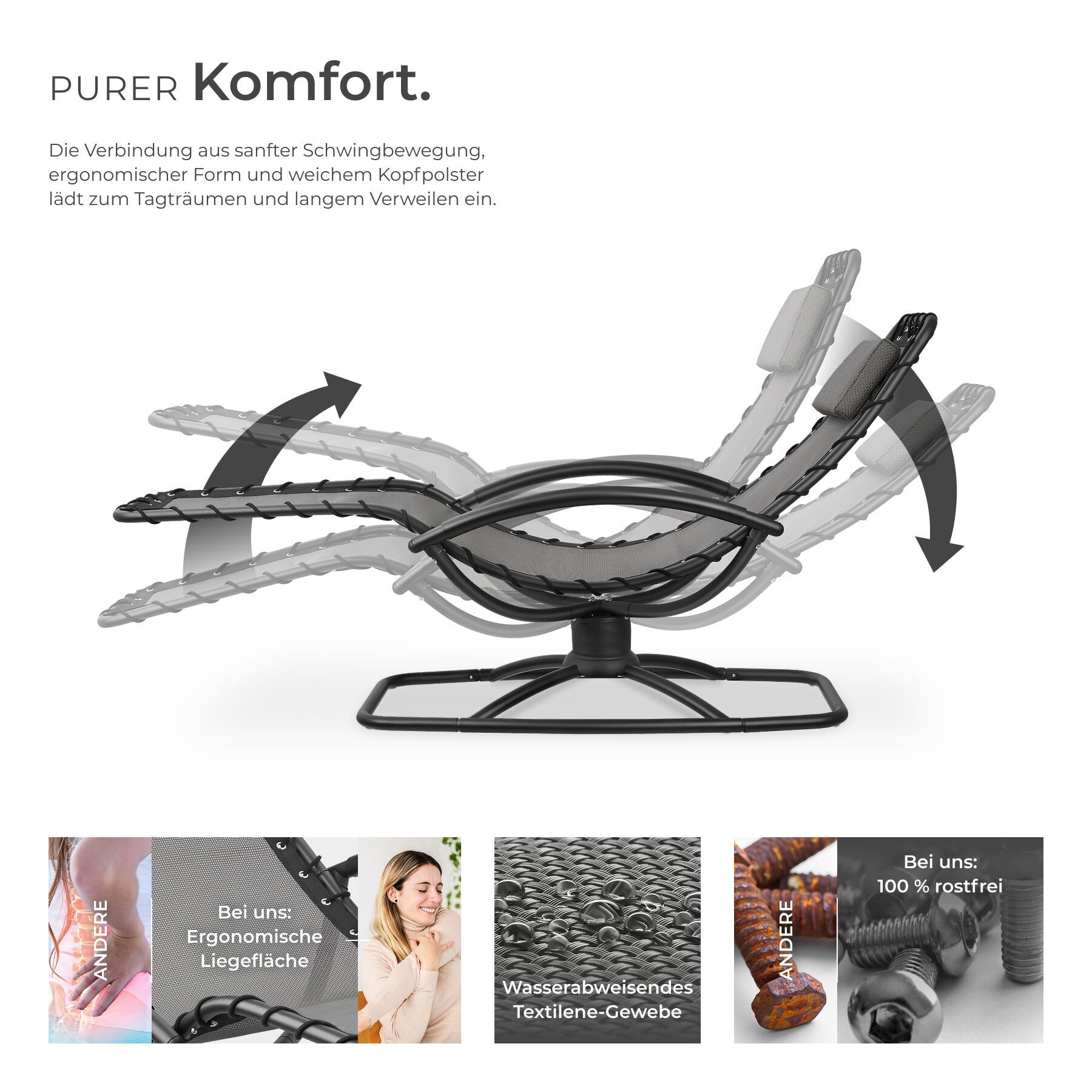 tectake Gartenliege ergonomische Kippliege, 77 x 170 x 83 cm, 120 kg Belastbarkeit, Sonnenliege Toulon, 2 St., in grau, bequeme Schaumstoffpolsterung, atmungsaktiv, wasserabweisend