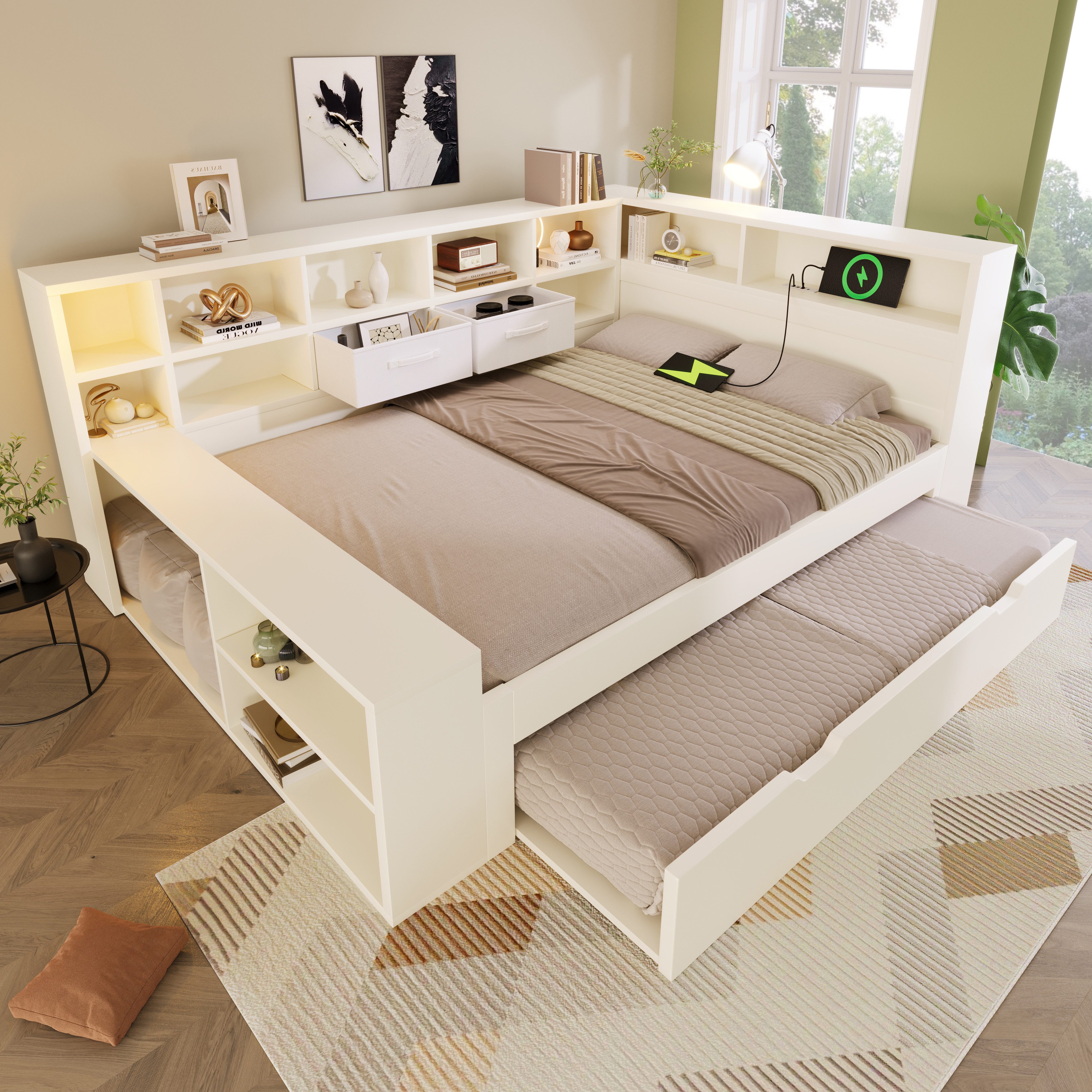 TavilaEcon Stauraumbett Holzbett mit Ausziehbett, 8 Staufächern & USB-/Type-C-Ladeanschlüssen (1-tlg), ohne Matratze, 140×200&90×190cm, weiß