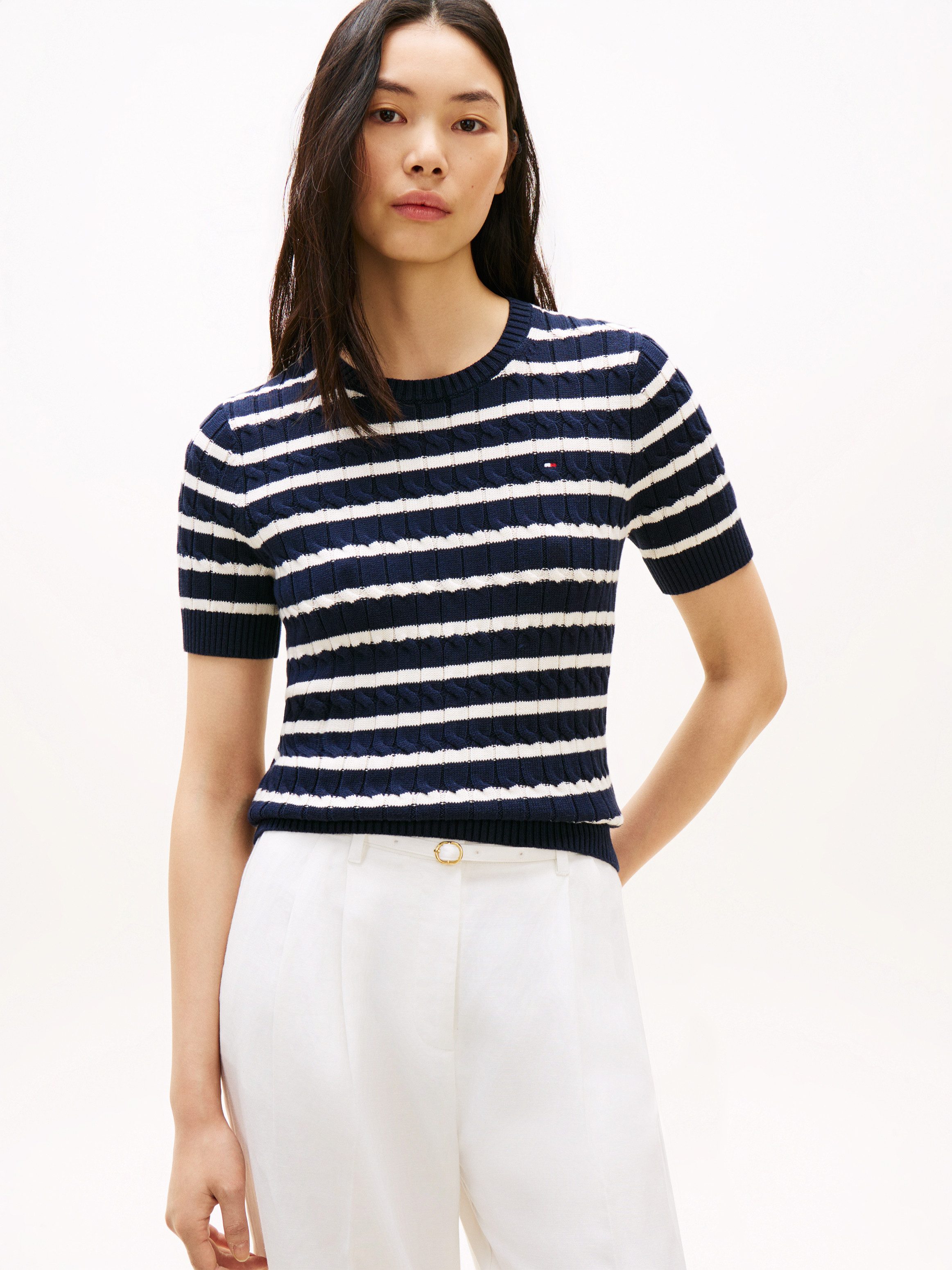 Tommy Hilfiger Kurzarmpullover CO CABLE MID GG SS C-NK SWT Baumwolle, mit Zopfmuster