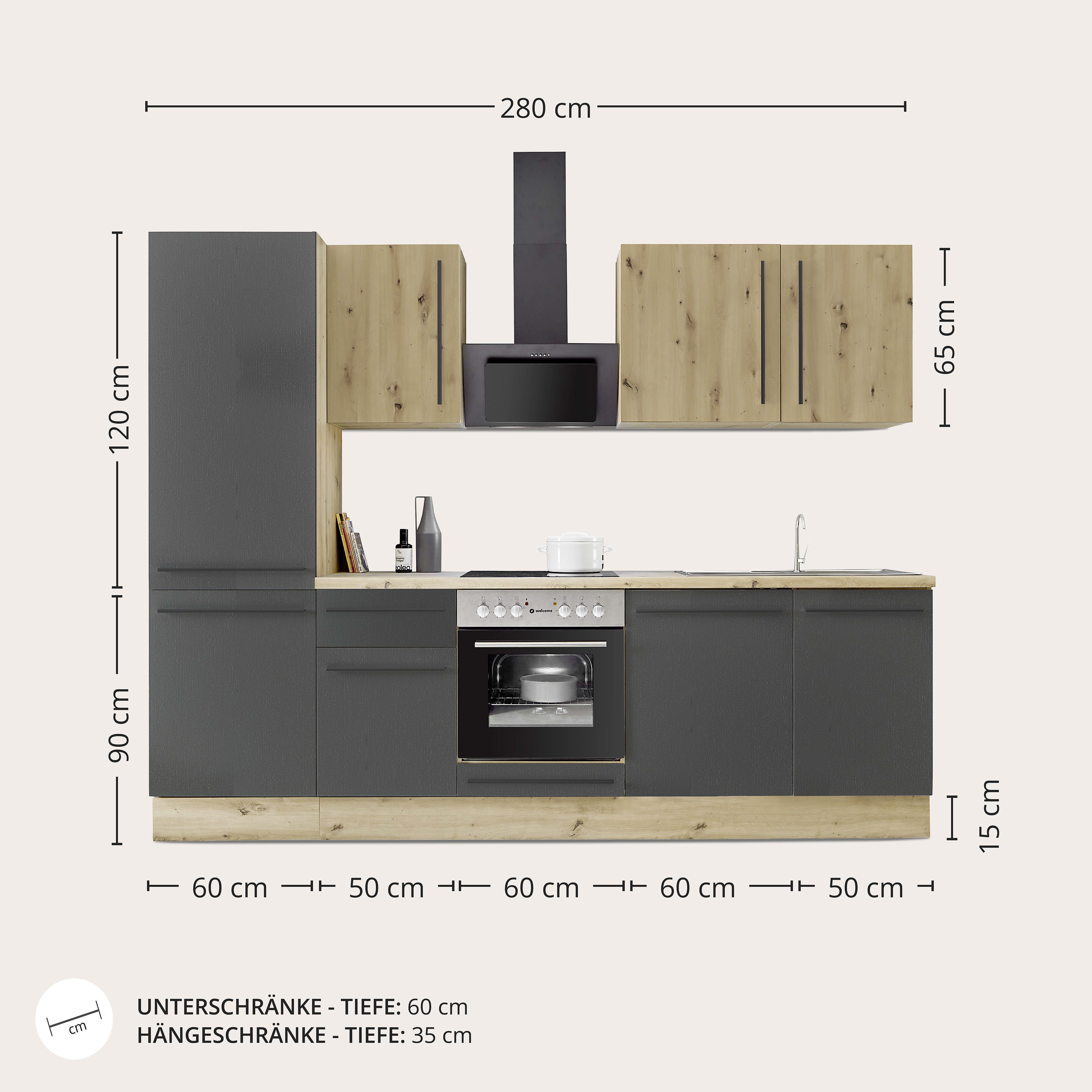KOCHSTATION Küchenzeile KS-Florida mit 38mm starker Arbeitsplatte, Breite 280 cm, wahlweise mit E-Geräten, Soft-Close-Funktion