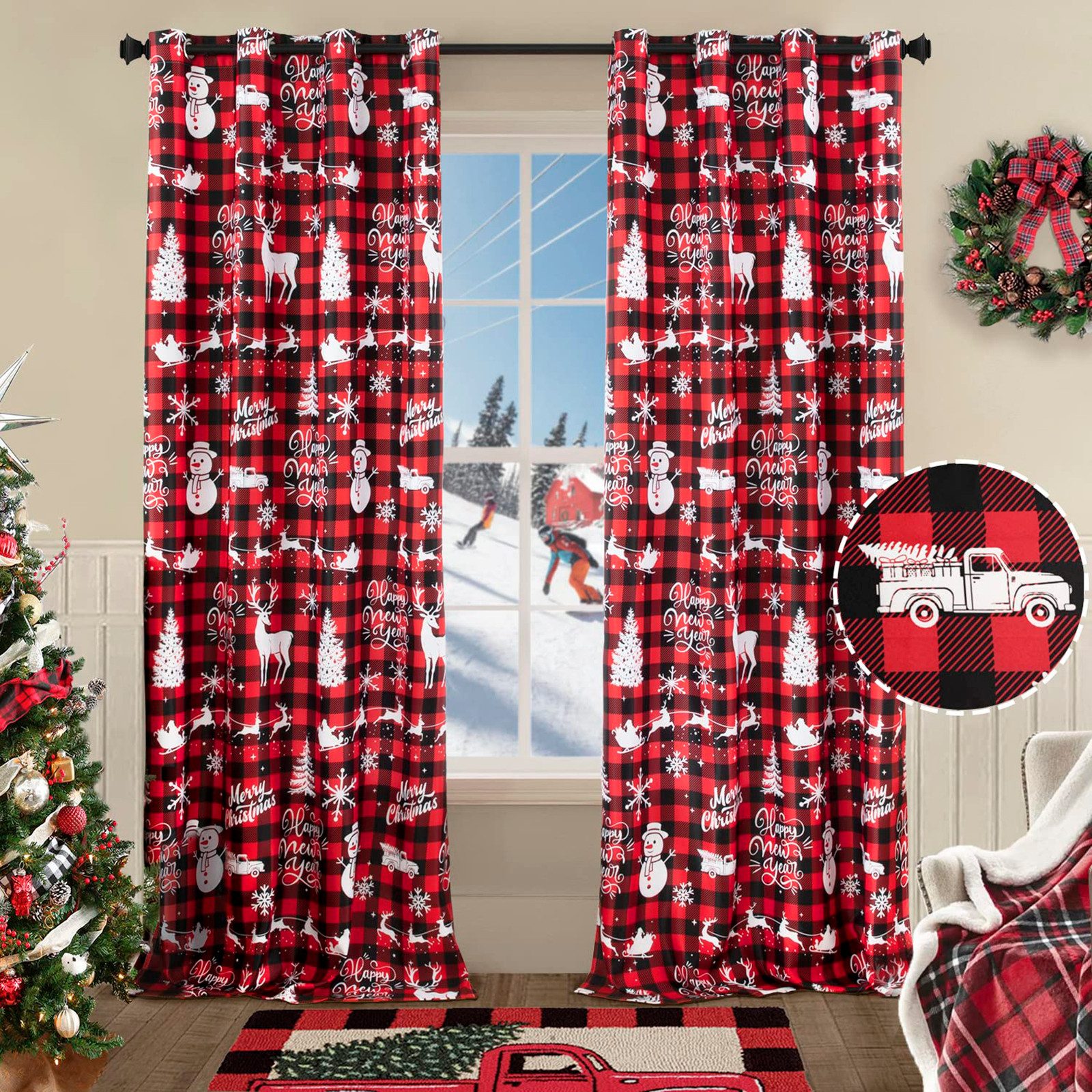BTTO V&G Gardine Weihnachtsvorhang Karo Gardine für Wohnzimmer,Ösen (2 St), abdunkelnd, Kariertes Rot-Schwarz-Karo für Schlafzimmer Bauernhaus Restaurant