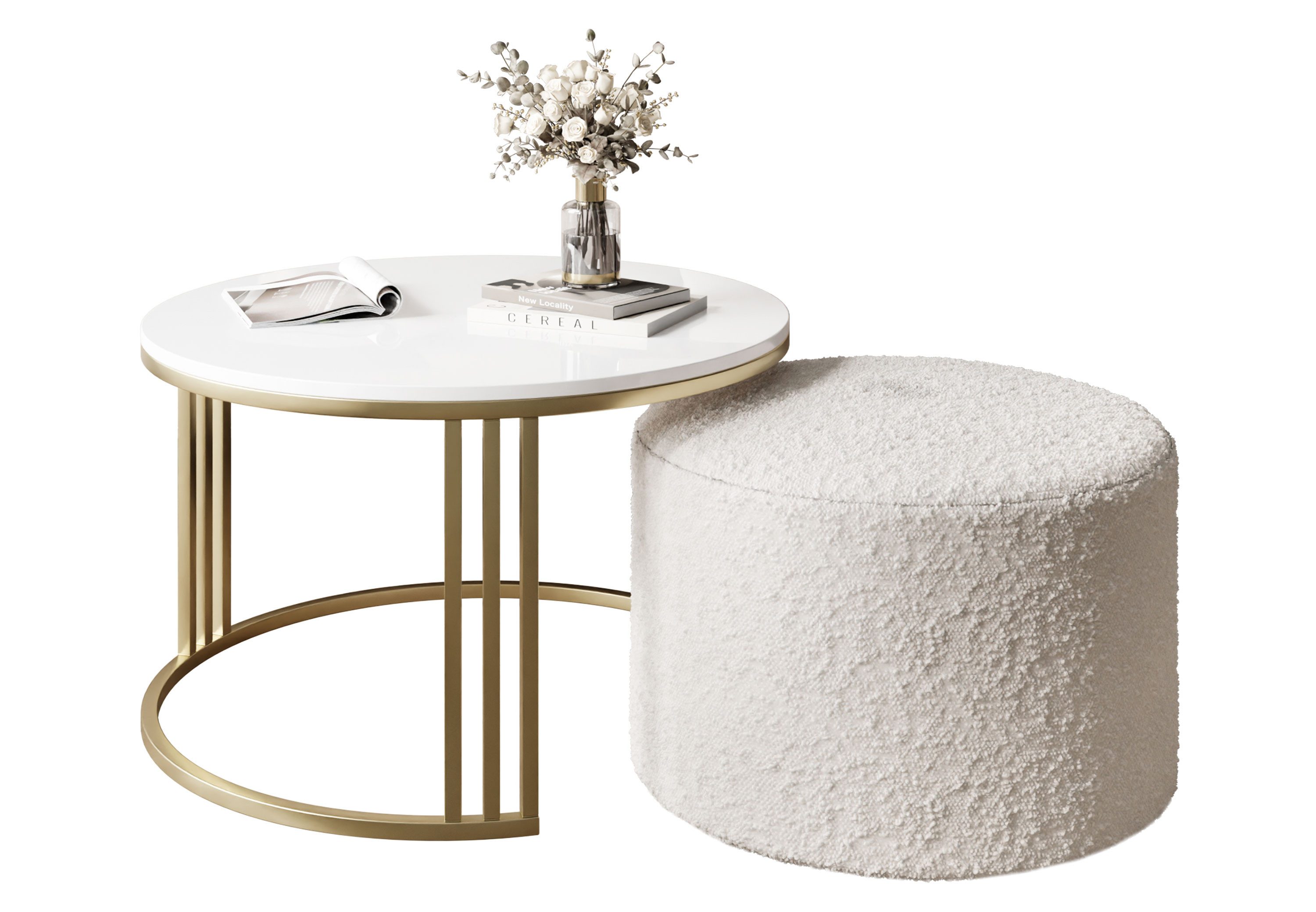Lookway Couchtisch LORI HOCHGLANZ mit Hocker auf einem gebürsteten goldenen Gestell (1 Tisch mit Hocker), Durchmesser: ⌀70 cm
