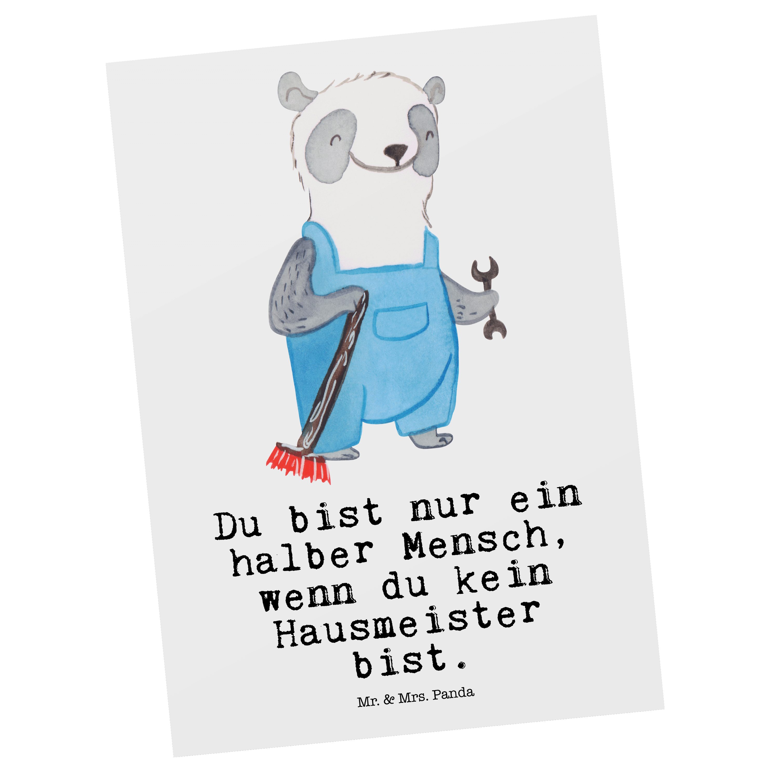 Mr. & Mrs. Panda Postkarte Hausmeister mit Herz - Weiß - Geschenk, Einladungskarte, Abschied, Ei