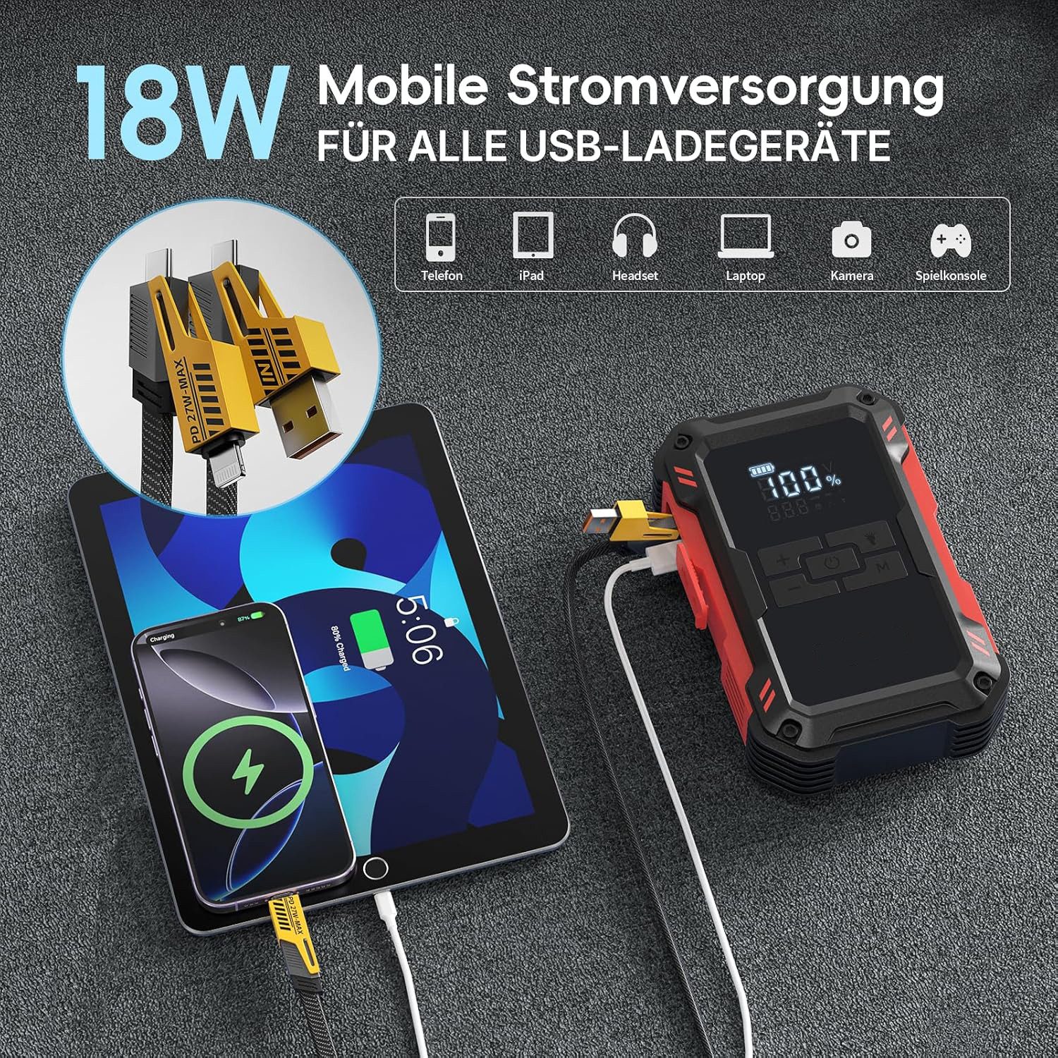 Fyrove Auto Starthilfe Powerbank 4000A 12V Starthilfegerät, 4-in-1 Autobatterie-Ladegerät (10000mAh Starthilfegerät mit 150PSI Kompressor & Smart-Klemmen, Start – Bild 3 von 5
