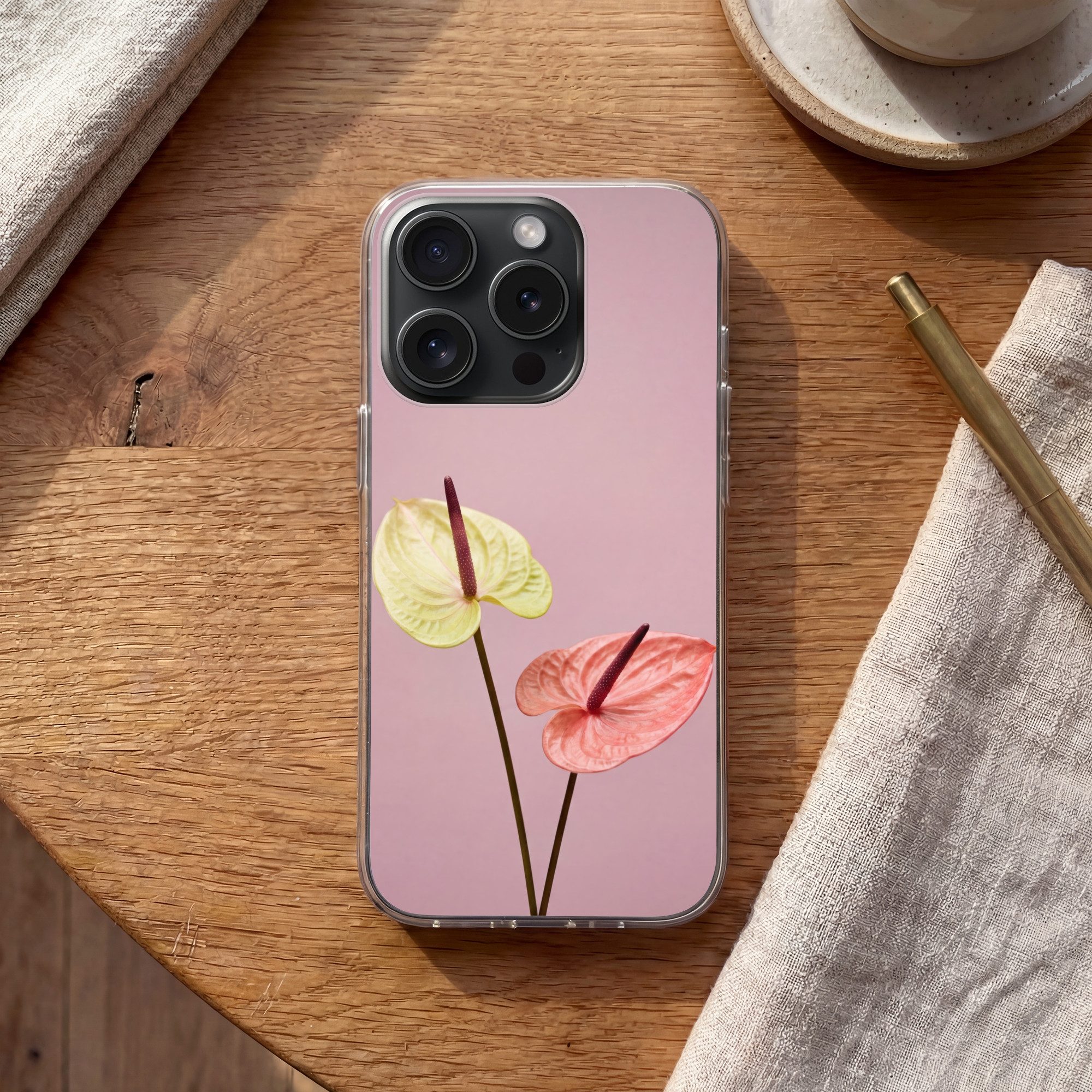 MuchoWow Handyhülle für Apple iPhone 15 Pro Blumen - Anthurien - Gelb - Rosa, Smartphone-Bumper, Print, Handy Schutzhülle Dünn