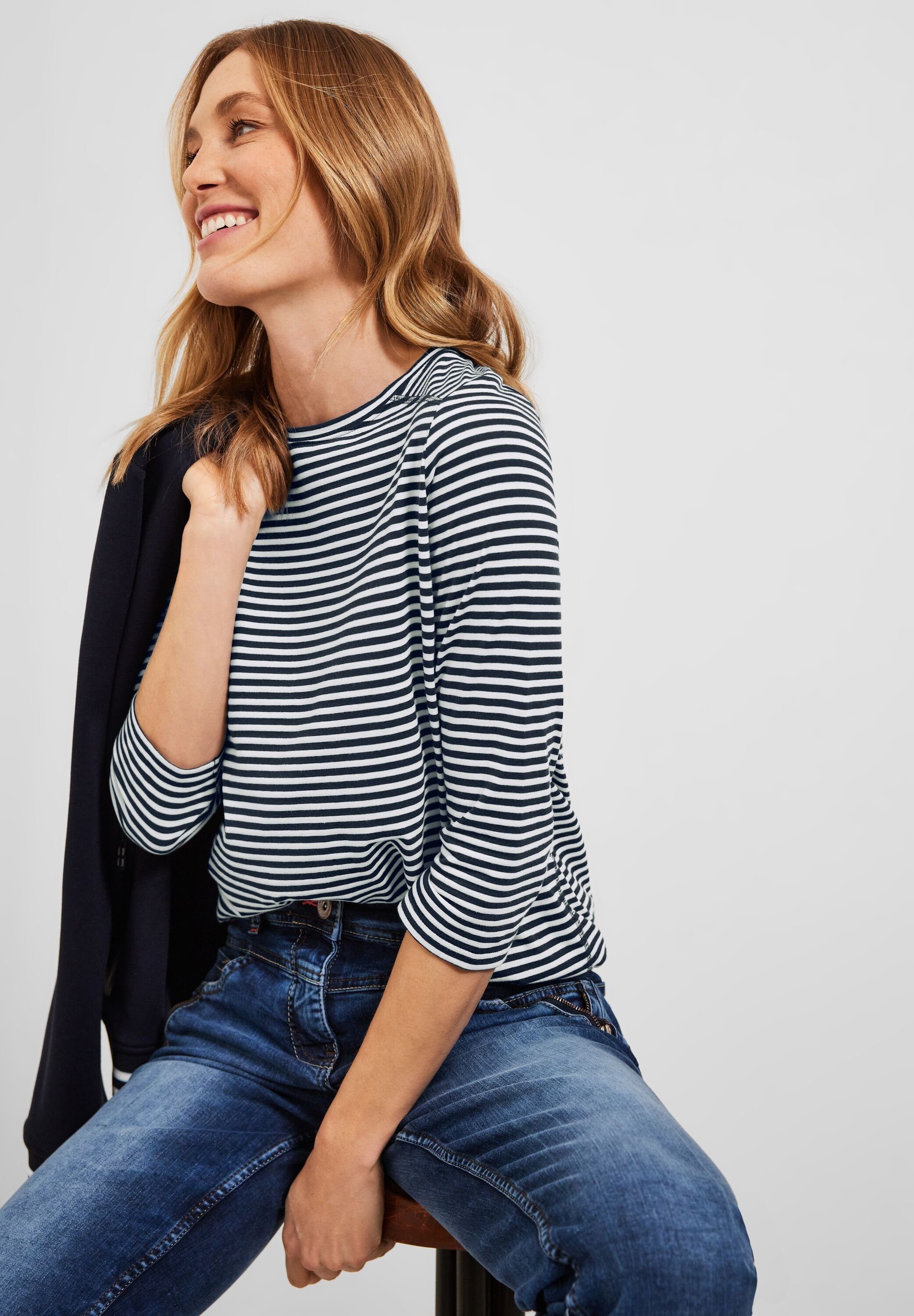 Cecil 3/4-Arm-Shirt mit blue U-Boot-Ausschnitt deep