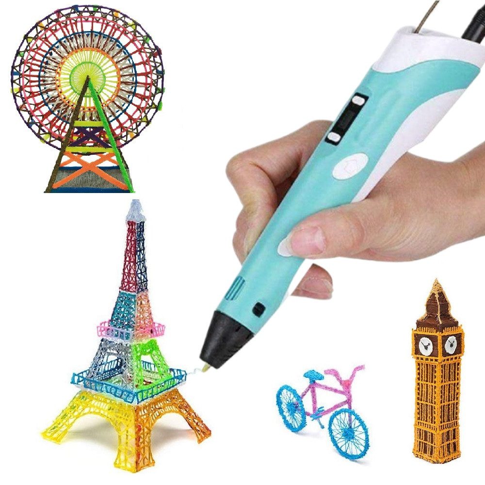 Wisam 3D-Drucker-Stift Wisam® 3D Drucker Stift Set Blau für Kinder Erwachsene mit 3 Farben, Ergonomisch, einstellbare Geschwindigkeit, schnell heiß, Abschaltung