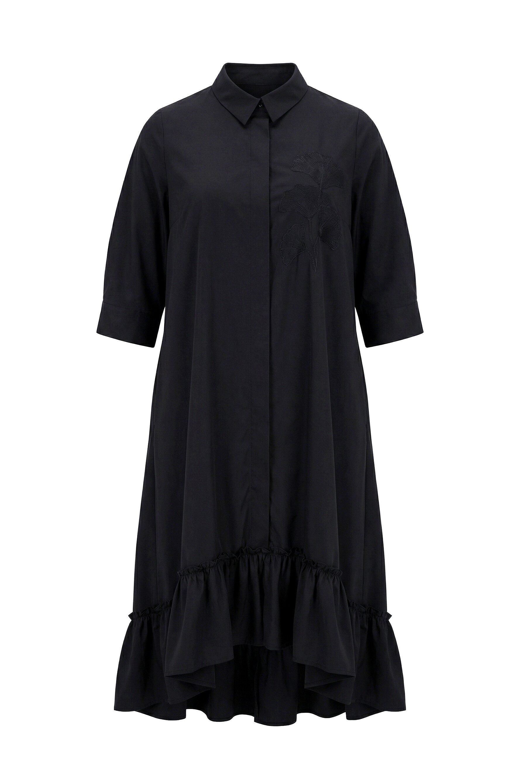 Ulla Popken Maxikleid Maxikleid Ginkgo-Stickerei Hemdkragen 3/4-Arm