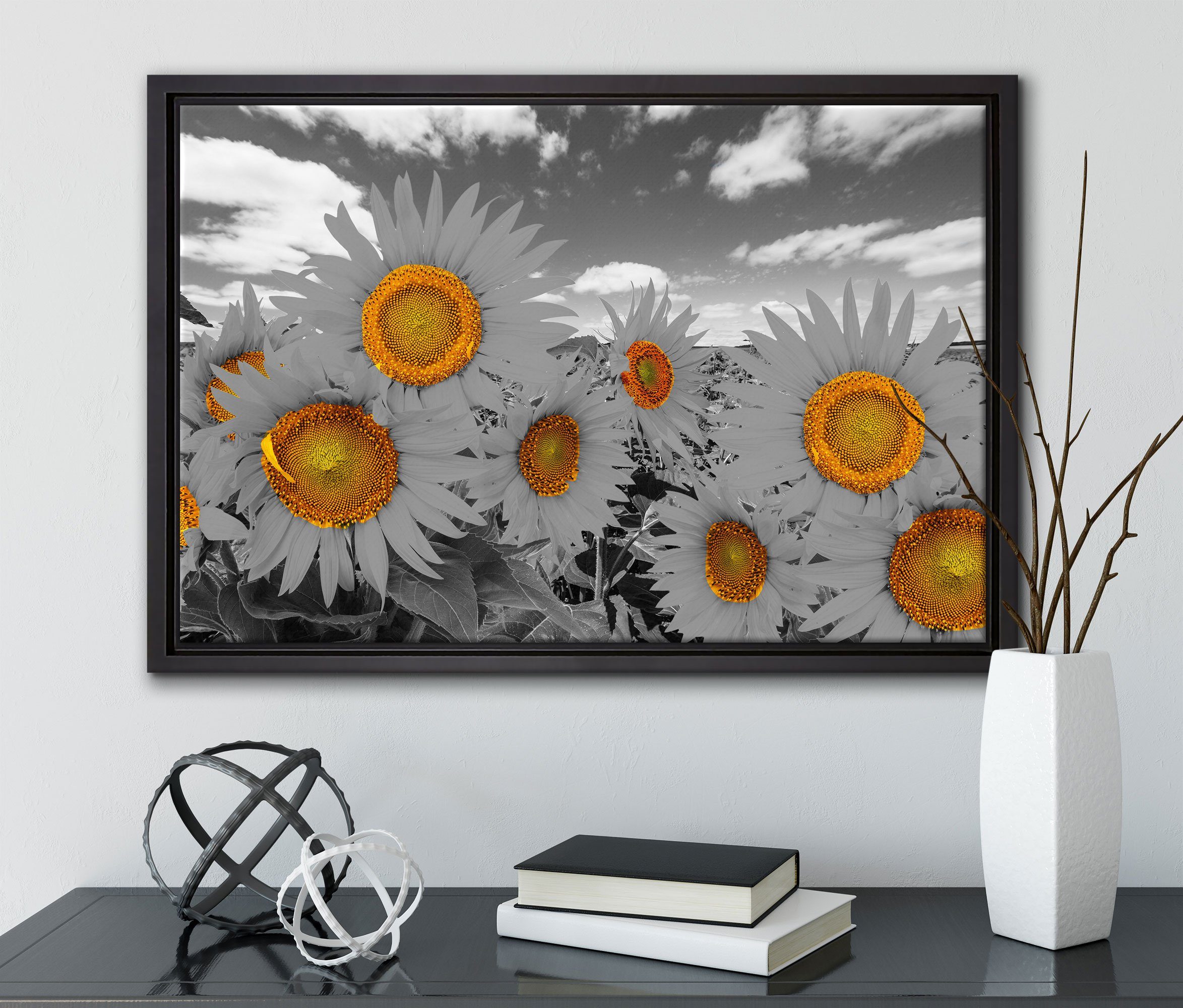 bespannt, Sonnenblumenfeld, Leinwandbild Zackenaufhänger inkl. in St), Tolles Schattenfugen-Bilderrahmen (1 Pixxprint einem Wanddekoration gefasst, Leinwandbild fertig