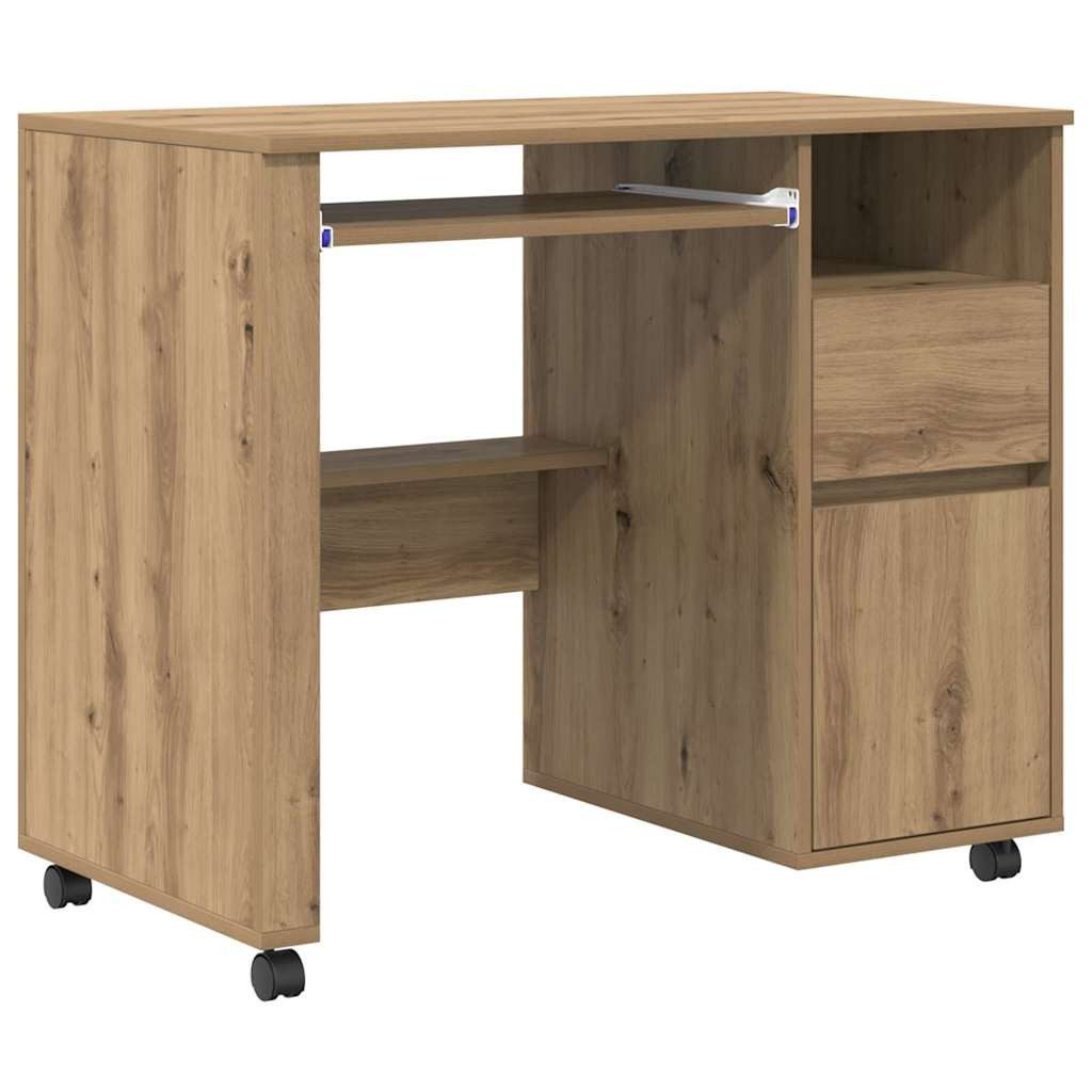 vidaXL Schreibtisch Tisch mit Rädern Artisan-Eiche Holzwerkstoff 91 x 50 x 77 cm (1-St)