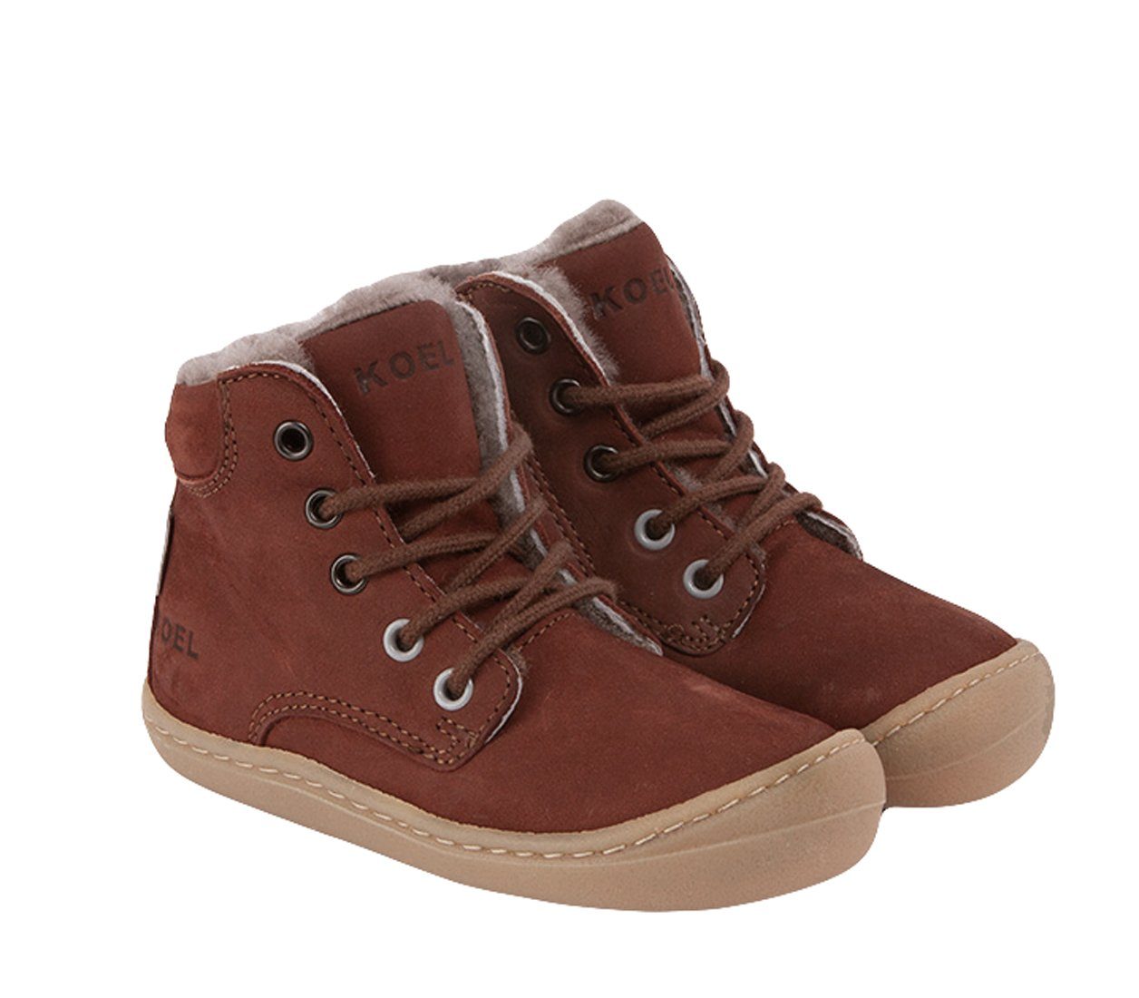 KOEL Koel Barfußschuhe Lauflernschuh Stiefel Bill Bio Leder Lammfell Braun Schnürstiefelette