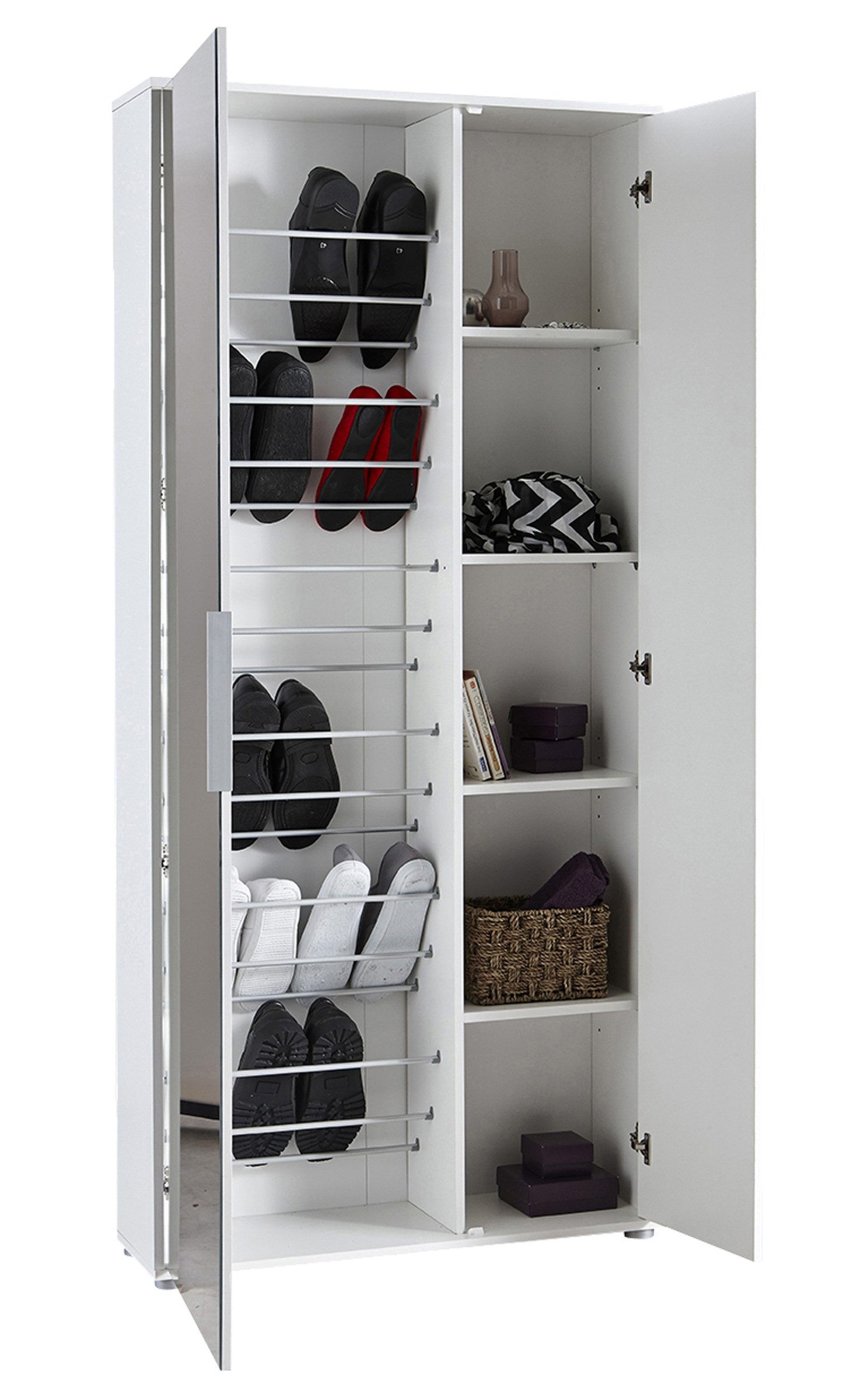 PREISBRECHER Schuhschrank EBONY weiß, 82,8x176,4x24 cm, 4 Böden, Glastür, Platz für 12 Schuhe