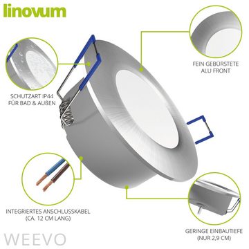 linovum LED Einbaustrahler WEEVO Einbaustrahler LED Bad geringe Einbautiefe 5W warmweiß - Spot IP44 rund gebürstet, LED-Leuchtmittel fest verbaut, LED-Leuchtmittel fest verbaut