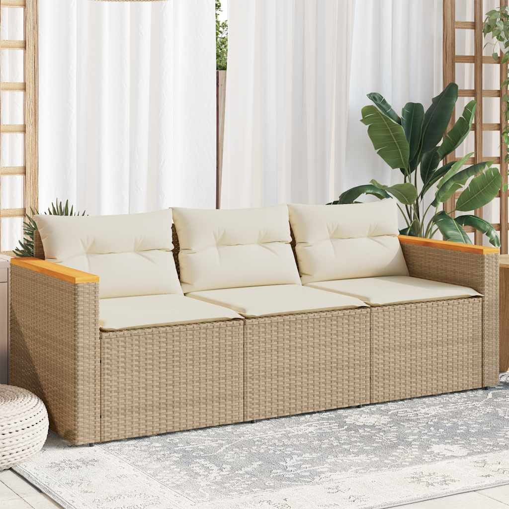 vidaXL Loungesofa Gartensofa mit Kissen 3-Sitzer Beige Poly Rattan, 1 Teile