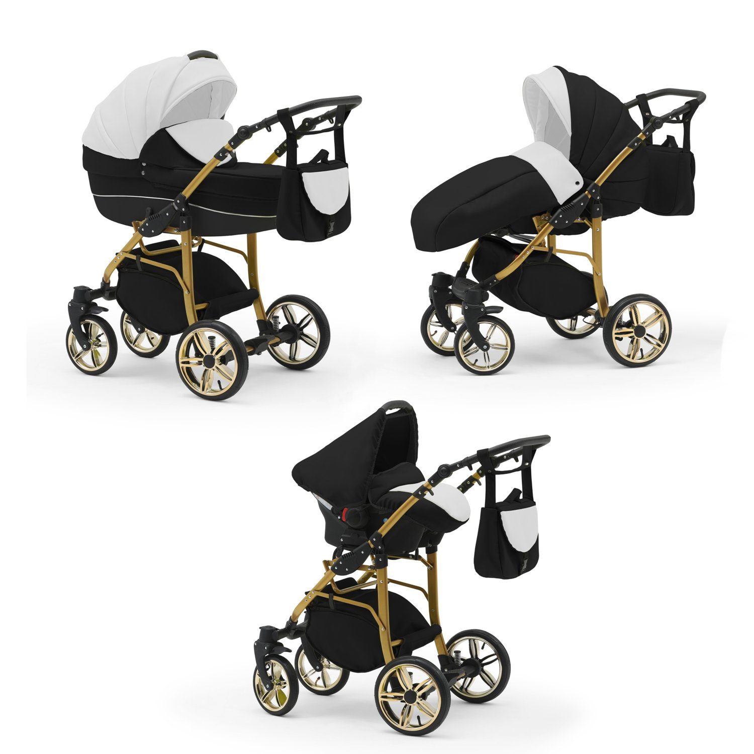 babies-on-wheels Kombi-Kinderwagen 3 in 1 Kinderwagen-Set Cosmo ECO Gold - 16 Teile - in 46 Farben Weiß-Schwarz-Schwarz