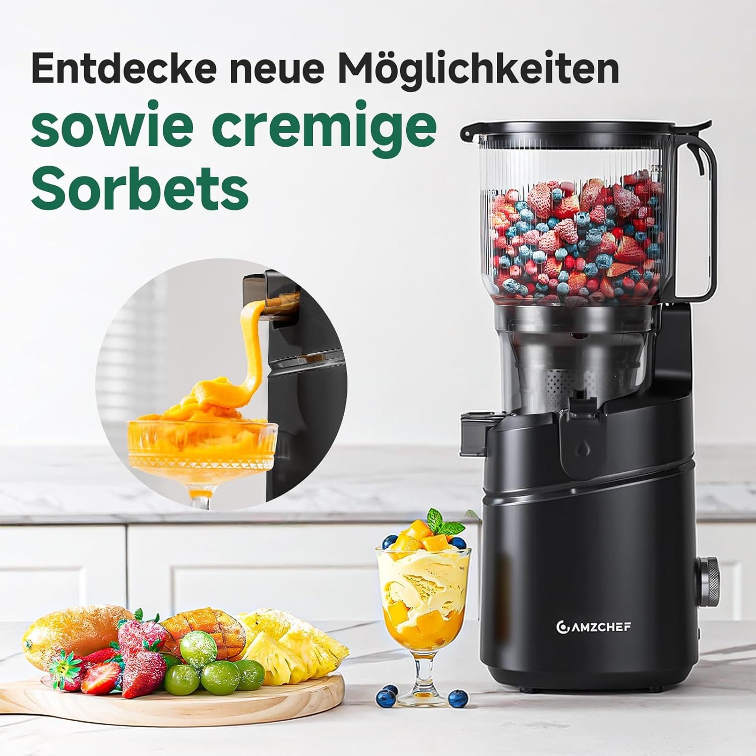 AMZCHEF Zentrifugenentsafter CE-SJ-03OT6C-BK, 250 W, 150MM Öffnung und 2L Kaltpress