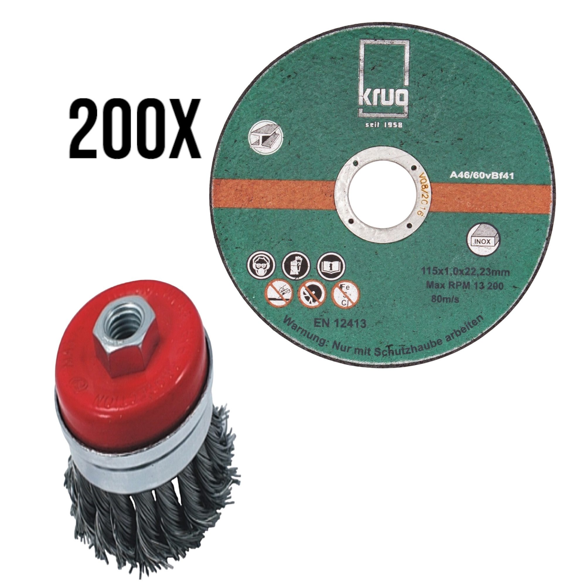 Fritz Krug Bohrersatz SET 1x Topfbürste, gezopft, Stahl M14 + 200 x Trennscheibe INOX 125