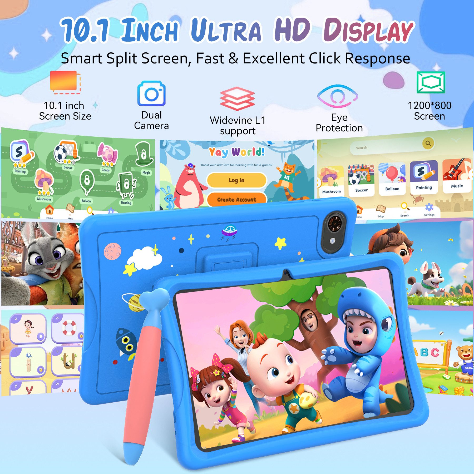 TABWEE 10.1'' Kids Android 15 mit Stylus Tablet (10.1", 64 GB, 5G wifi, Android 15, Google Kids Space, Gemini AI, mit Stift) blau