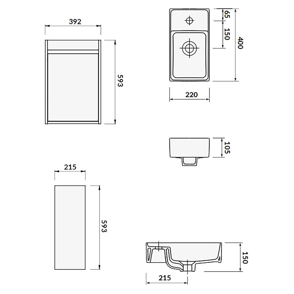 Waschbecken-Unterschrank mit Keramikwaschbecken Hochschrank CREA Matt), KOLMAN 40 (Grau mit 140x40x25, Türen Badmöbel-Set &