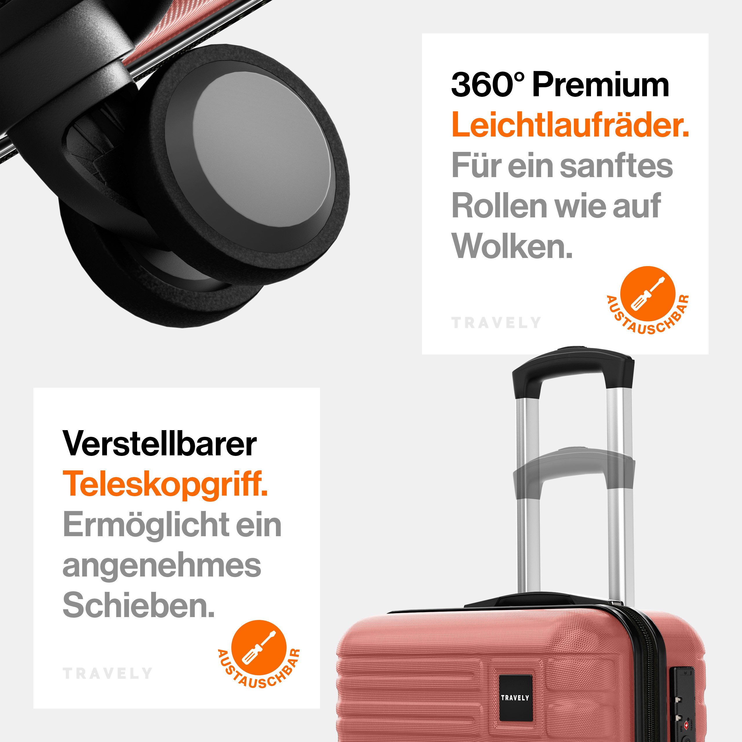 Travely Koffer Polycarbonat Koffer Set - 3 teiliges Kofferset, XL + L + M, 4 Rollen, Designed in Germany, austauschbare Griffe und Rollen – Bild 5 von 5