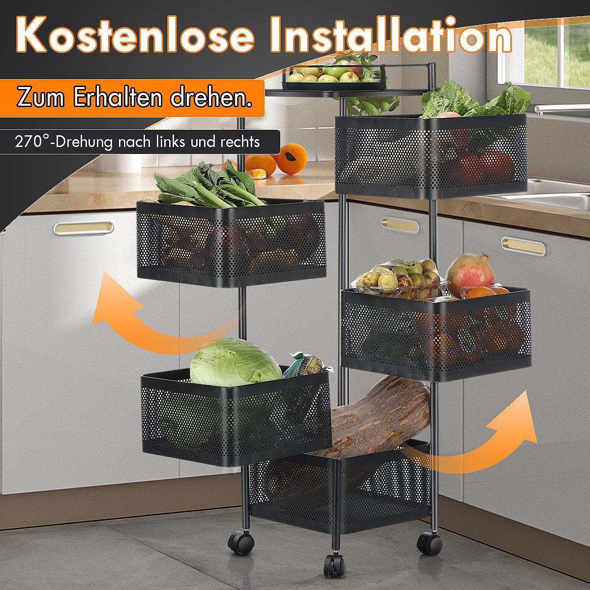 oyajia Küchenregal 6-Stöckiges Küchenregal mit Rollen, Drehbaren Körben, Stahl Obstregal, Metall Aufbewahrungsregal, Standregal, Gemüseregal, 5 Körbe 1-tlg., Fl – Bild 4 von 5