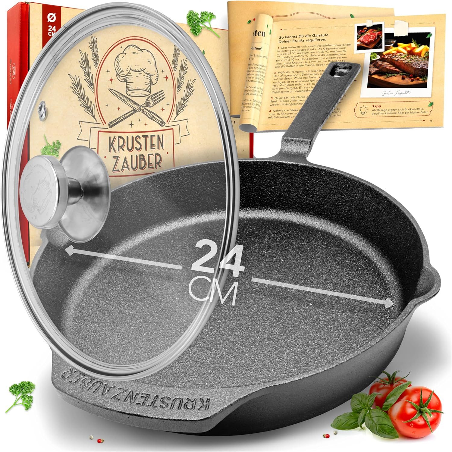 Krustenzauber Grillpfanne Gusseisenpfanne Induktion - Voreingebrannte Gusseisen Pfanne, (Ideale Grillpfanne Induktion, Eisenpfanne, Cast Iron Pan, Bratpfanne, Gusseiserne Pfanne Skillet Gusspfanne)