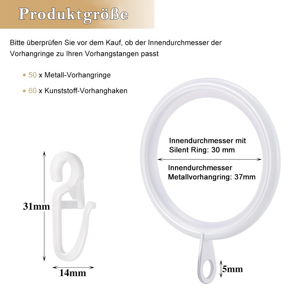 TUWENA Gardinenring 50 Stück Metall Vorhangringe und 60 Kunststoff haken fü günstig online kaufen