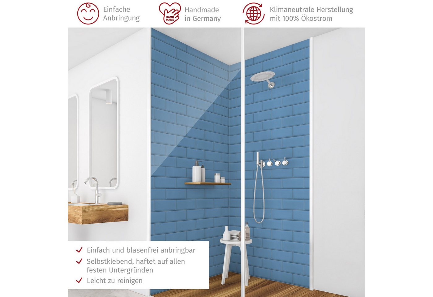 Thumbnail - Bilderdepot24 Badrückwand Fliesenoptik blau Duschrückwand ohne Bohren Dusche, (2-tlg., Hart-Folie Premium matt 0,61 mm),...
