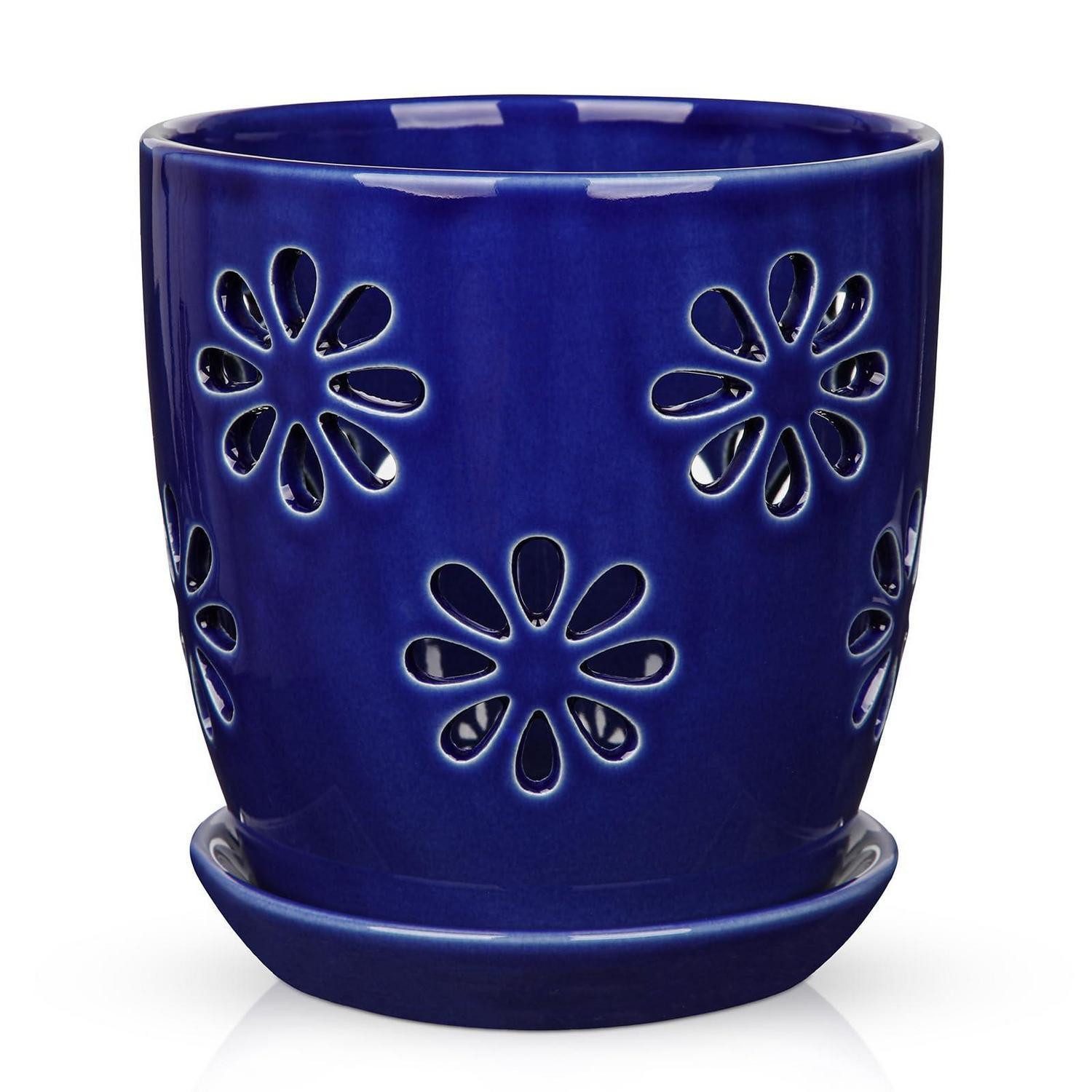 LuxusKollektion Übertopf Pflanztopf Keramik 15cm Abflussloch Zimmerpflanze Retro Blau