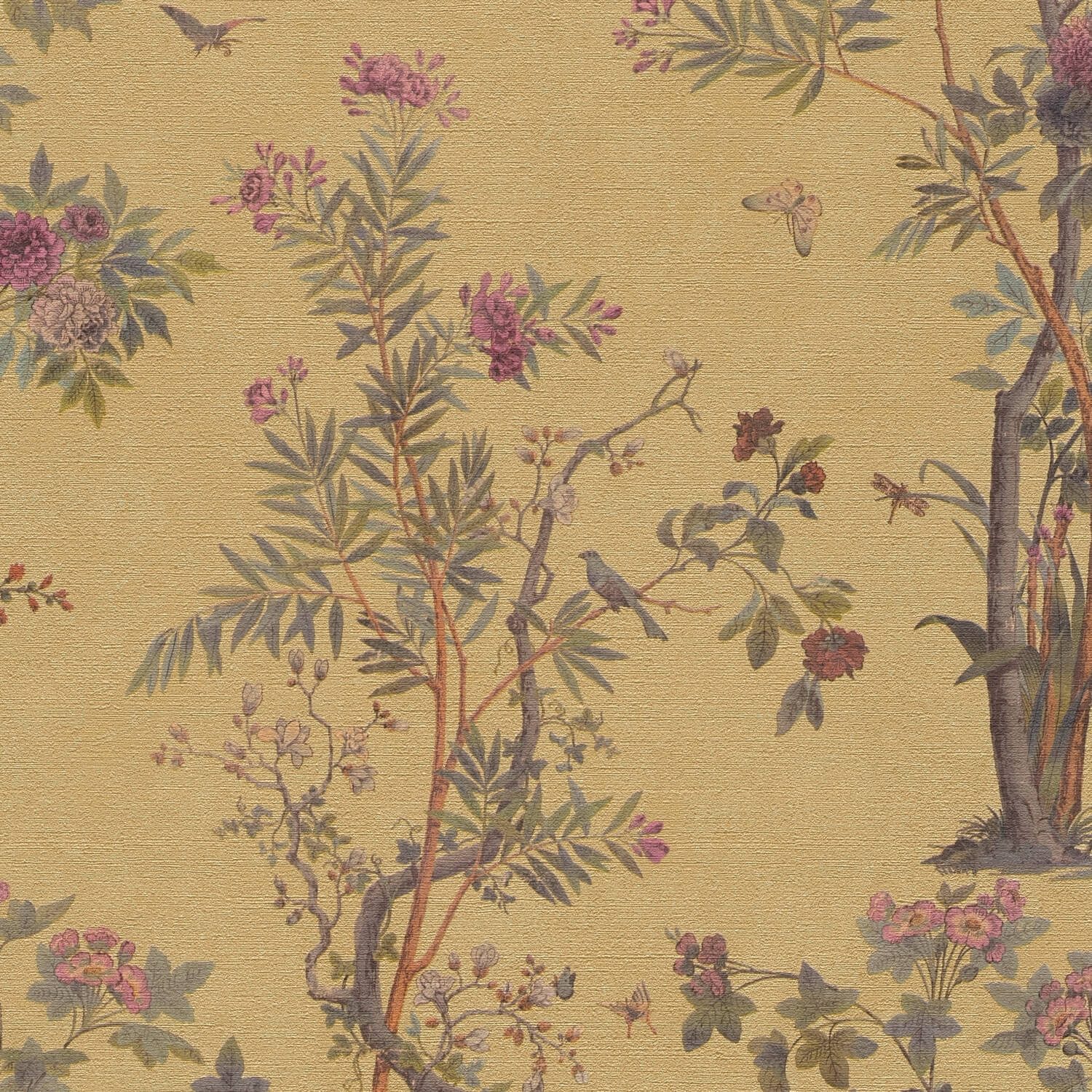 Profhome Vliestapete 790432-GU Blumen Tapete Floral Metallic Effekt gold oliv-grün rosa, geprägt, (1 Rolle, 5,33 qm), heißgeprägte Vliestapete, goldfarben