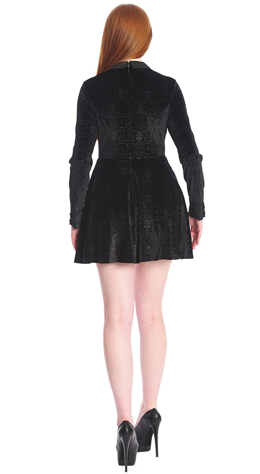 Banned A-Linien-Kleid Melancholie Gothic Dress Totenkopf Pentagramm Samtkleid