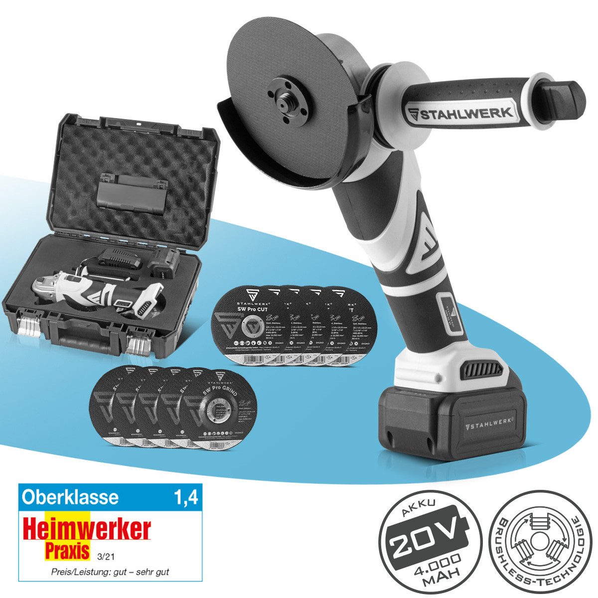 STAHLWERK Akku-Winkelschleifer AWS-20 ST Brushless Motor 20V 4Ah Akku 7500 min-1, max. 7500 U/min, (Packung, 1 tlg., 4 Ah Akku), mit Akku und Ladegerät