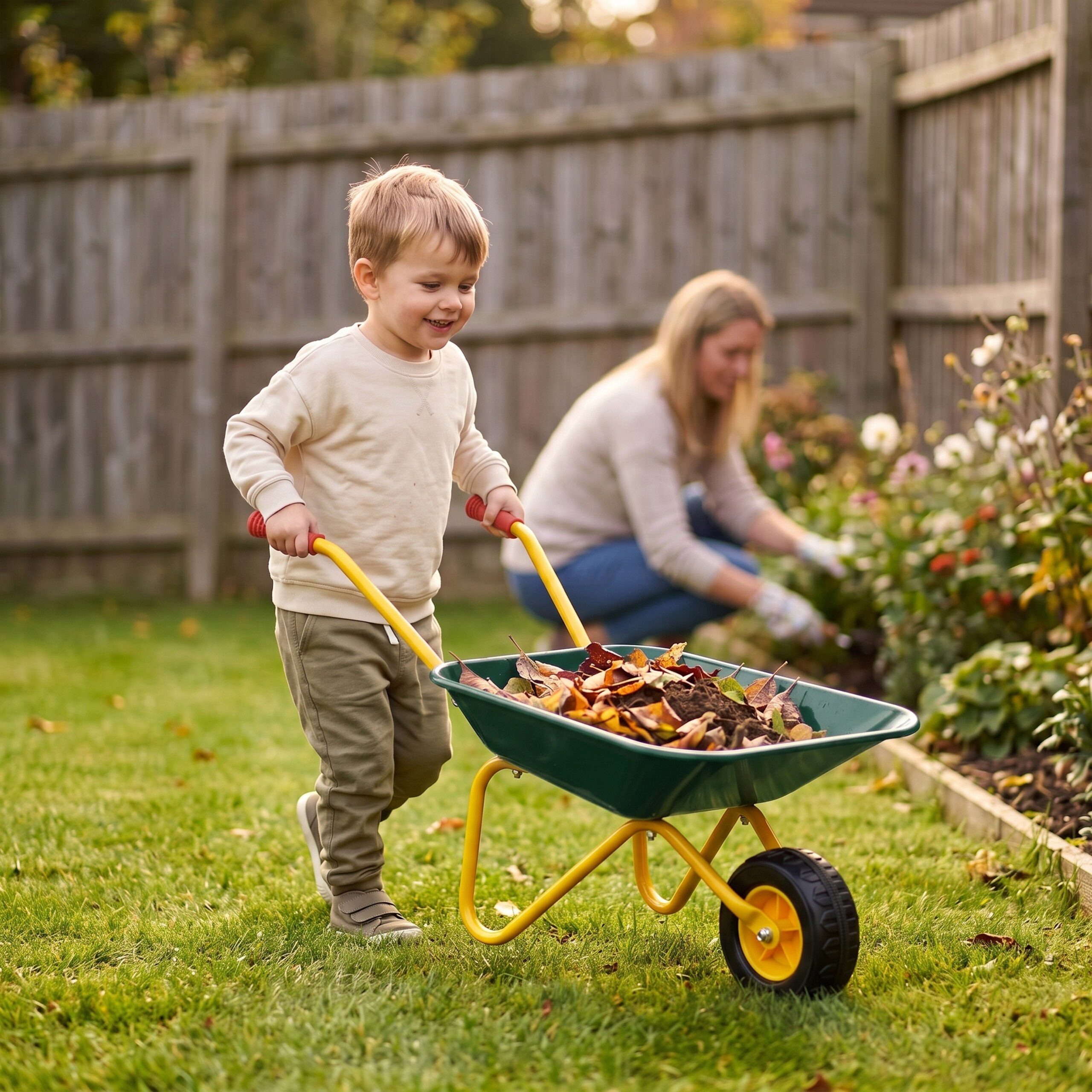 relaxdays Kinder-Gartenset Schubkarre für Kinder, grün