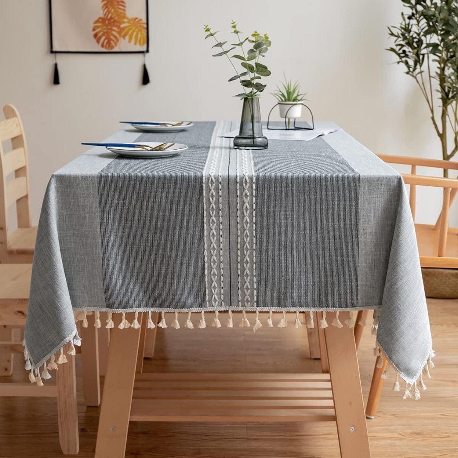 LuxusKollektion Tischdecke Tischdecke Baumwolle Leinen Quaste Grau 140x220cm (1-tlg)
