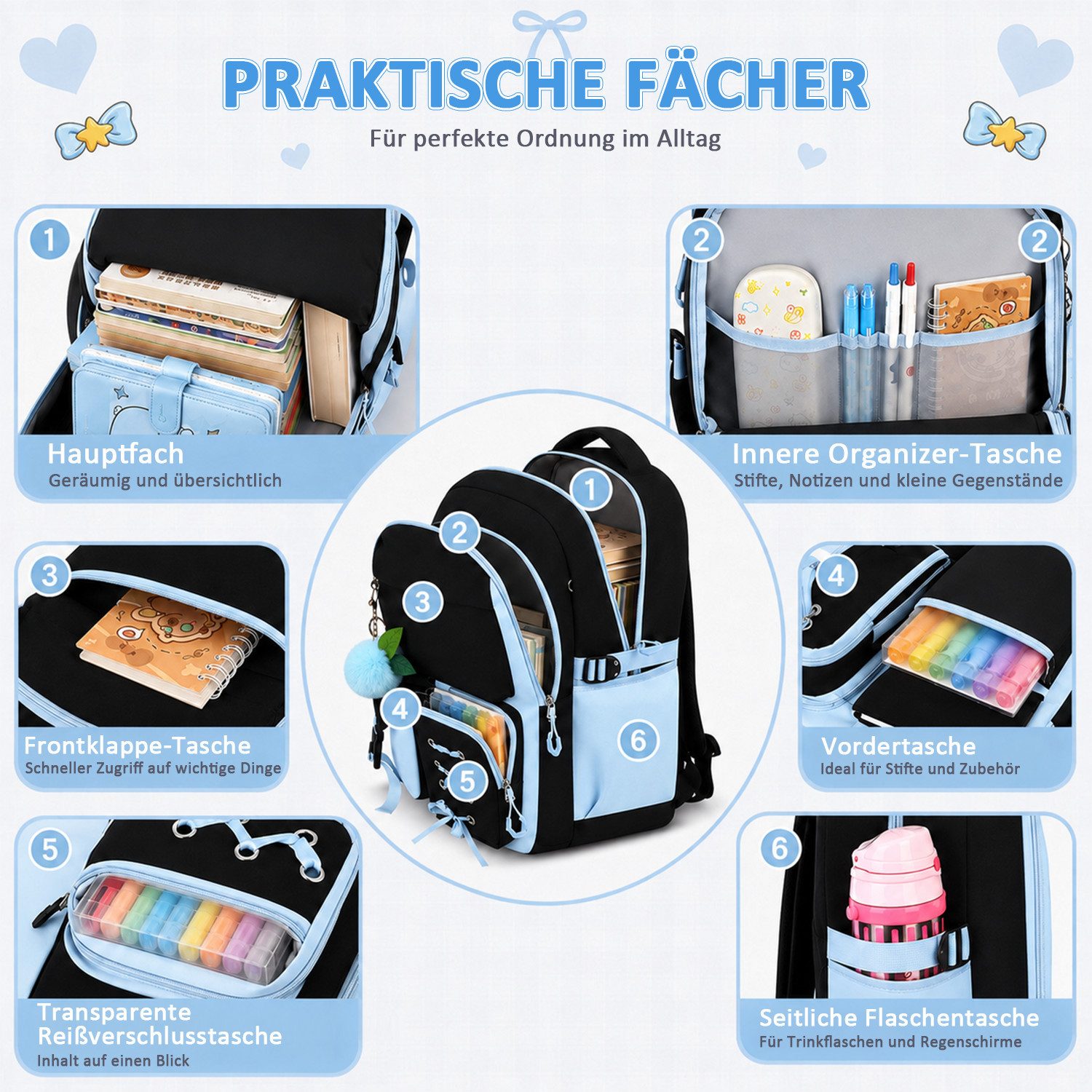 MOPUEA Schulrucksack Schulrucksack Set 3tlg Schulrucksack mit Lunchpaket und Mäppchen (Set, 3-tlg., Leicht Schulrucksack Teenager für Schule, Reisen und Freizei – Bild 3 von 5