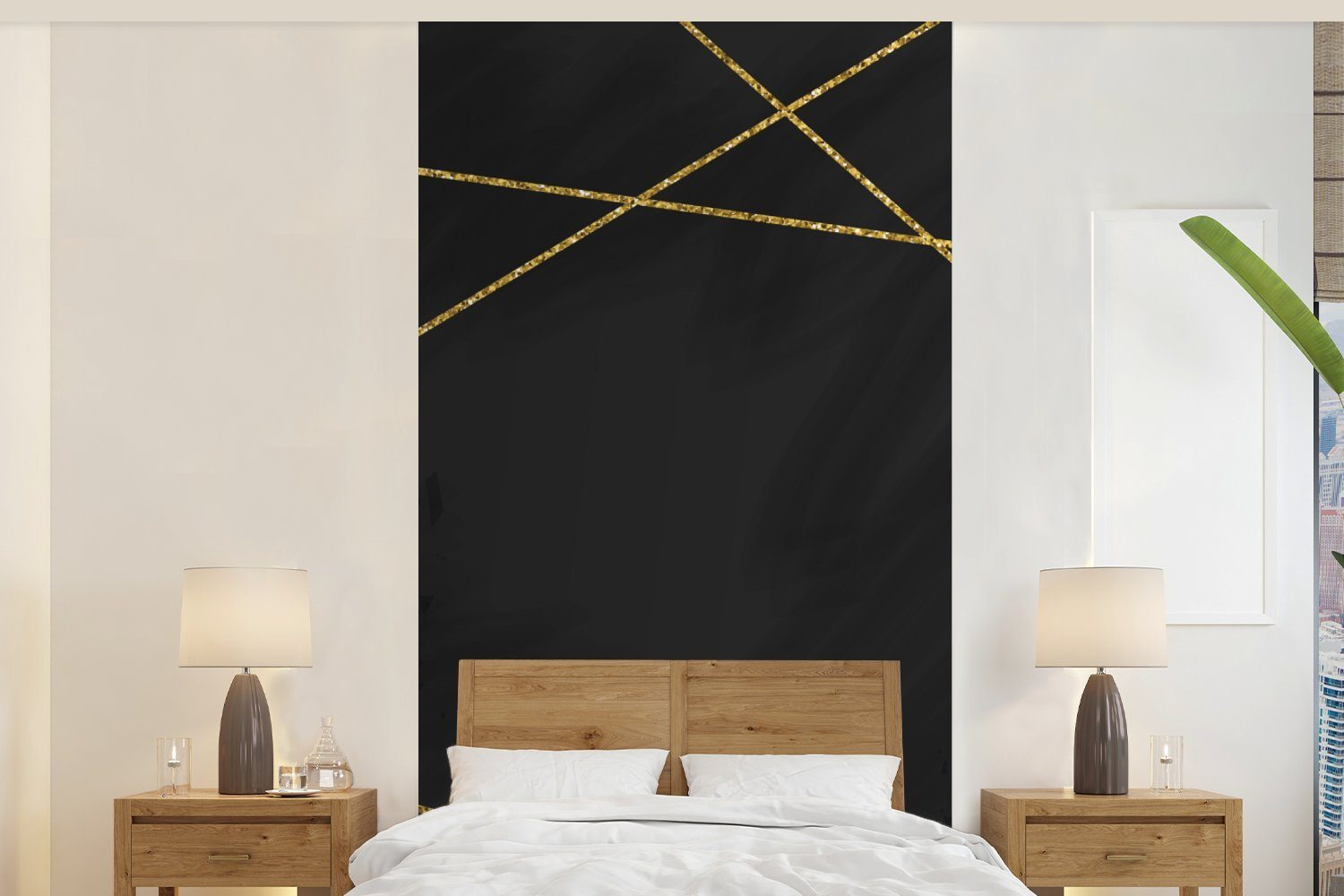 MuchoWow Fototapete Geometrisches Muster aus goldenen Linien auf schwarzem Hintergrund, Matt, bedruckt, (2 St), Vliestapete für Wohnzimmer Schlafzimmer Küche, Fototapete | Fototapeten