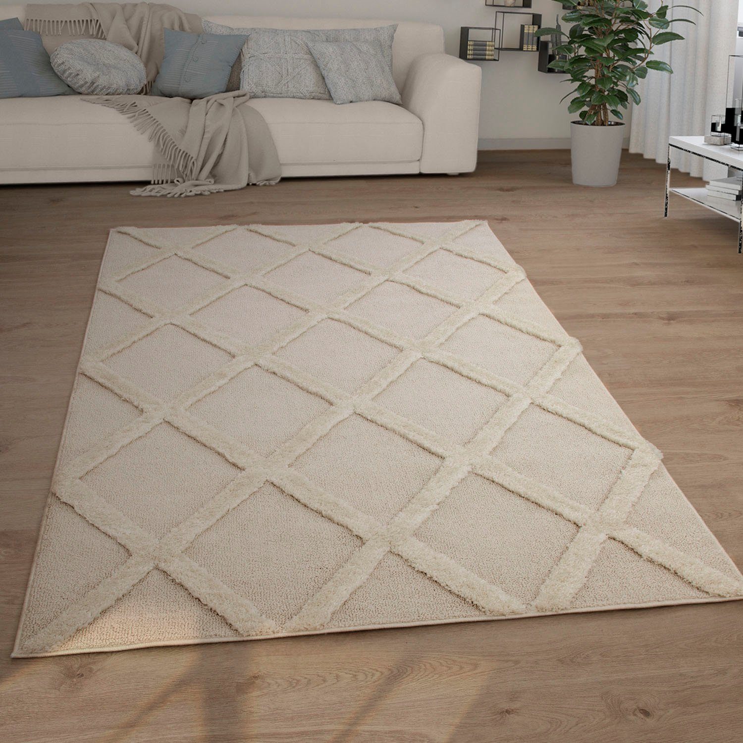 Paco Home Hochflor-Teppich Genua 745, rechteckig, Höhe: 34 mm, Uni-Farben, Hoch-Tief Effekt, modernes Design, Rauten, weicher Flor