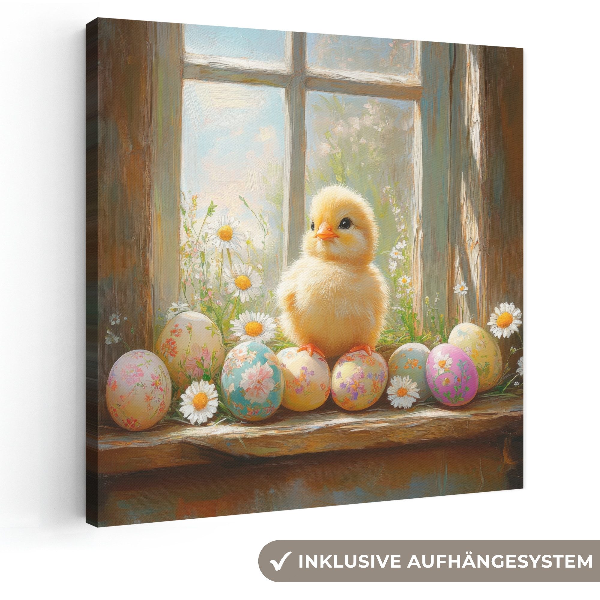 OneMillionCanvasses® Leinwandbild Küken - Fenster - Ostereier - Ostern Deko, Fotodruck (1 St), Wandbild, Deko Schlafzimmer Wohnzimmer Flur 20x20 cm