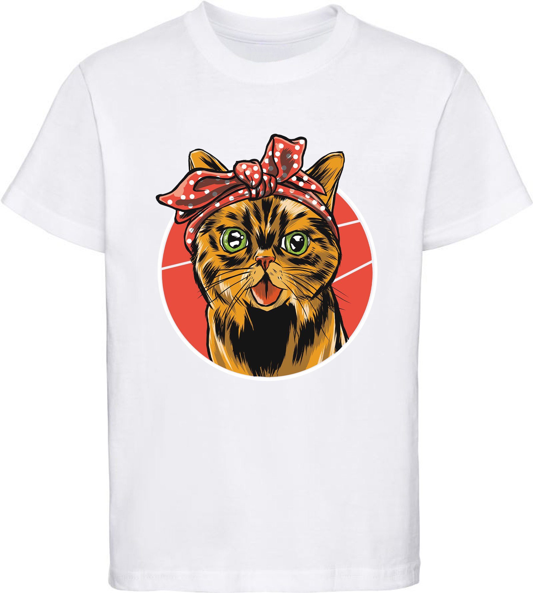 MyDesign24 Print-Shirt bedrucktes Kinder Mädchen schwarz, weiss Baumwollshirt mit T-Shirt weiß, Katze, i103 Schleife rosa, rot, mit Katze