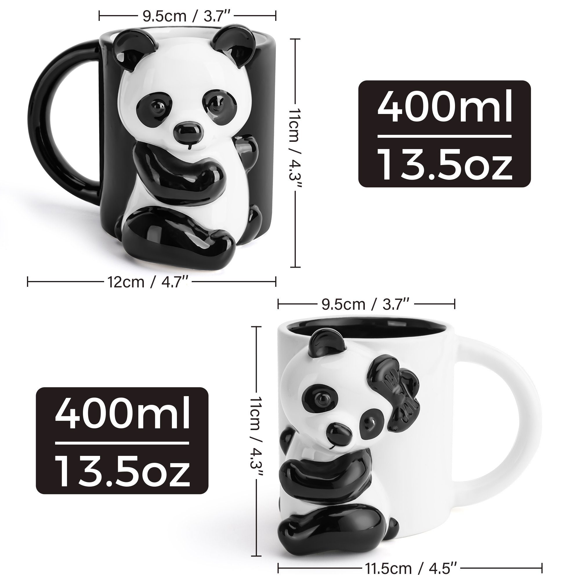 MiaMio Tasse Panda 3D-Motiv, 400 ml, Schwarz-Weiß, 2-tlg., Keramik, 3D-Panda-Motiv, 400 ml, schwarz-weiß