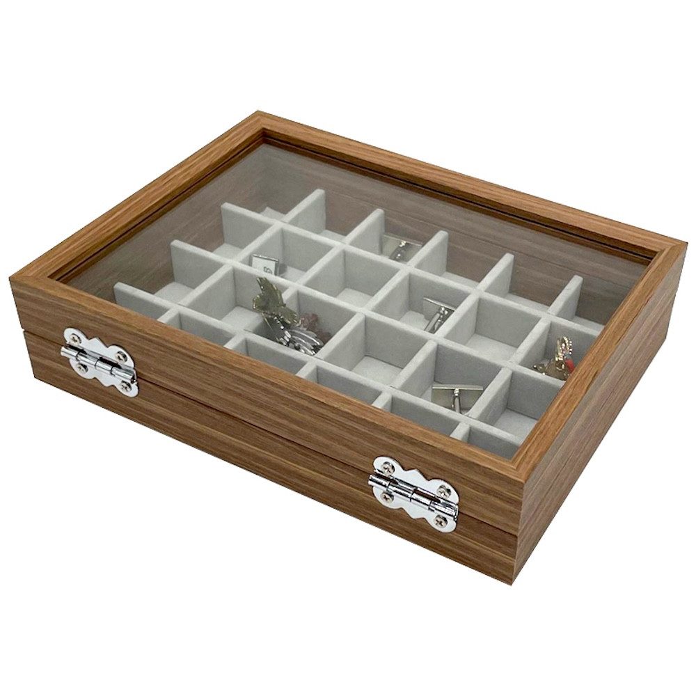 mixed24 Schmuckkasten 24 Fächer Klein für Schmuck Ringe Ohrringe Halsketten Armbänder Holz, Deckel aus Echtglas Schmuckkoffer – Bild 3 von 5