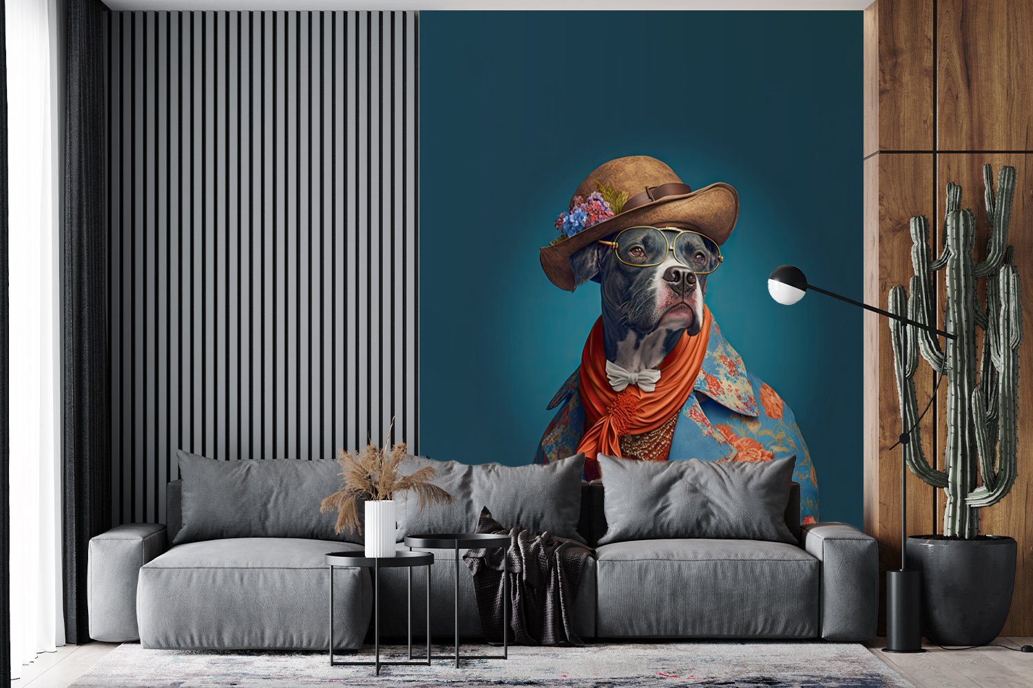 Wandtapete Fototapete St), bedruckt, - MuchoWow - Vinyl Wohnzimmer, Jacke Blumen Hut Matt, für - Montagefertig Blau, Hund - (4 Tapete