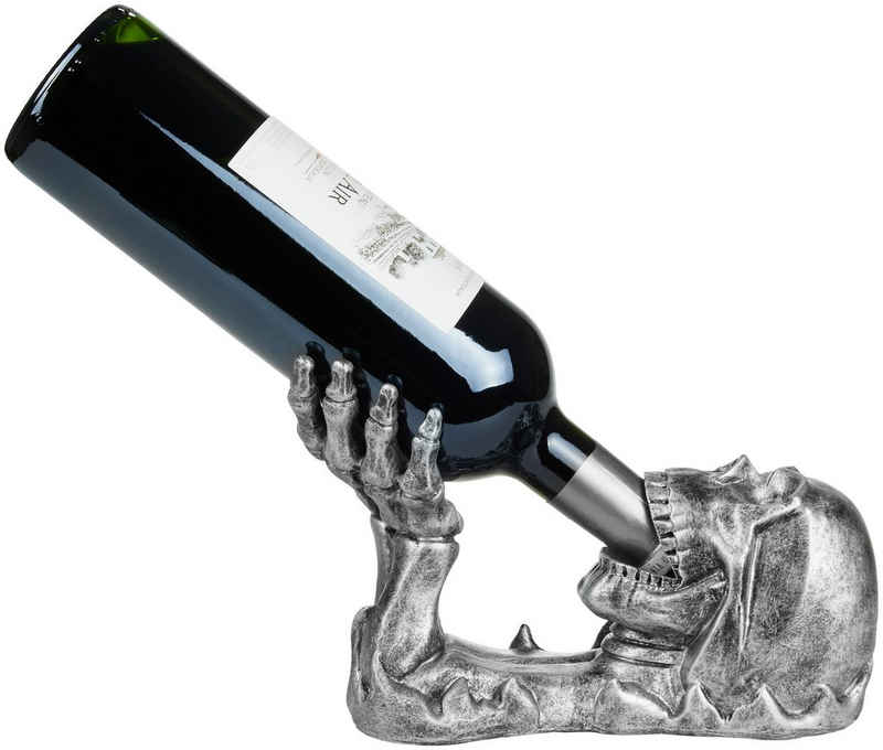 BRUBAKER Weinflaschenhalter Totenkopf Silber, (1-St), Flaschenhalter Trinkender Schädel mit Skelett Hand - Flaschenständer Deko Figur Handbemalt Weinzubehör - Lustige Dekoration - Wein Geschenk