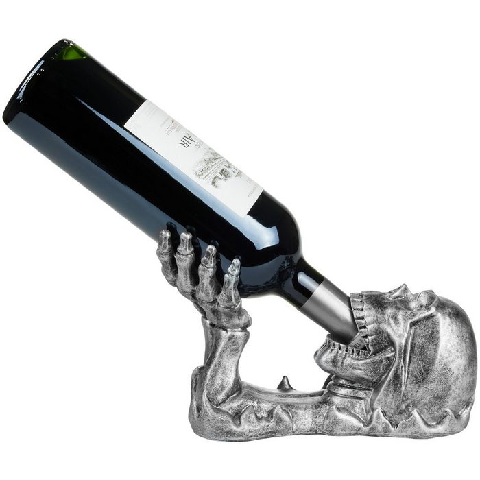 BRUBAKER Weinflaschenhalter Totenkopf Silber (1-St) Flaschenhalter Trinkender Schädel mit Skelett Hand - Flaschenständer Deko Figur Handbemalt Weinzubehör - Lustige Dekoration - Wein Geschenk